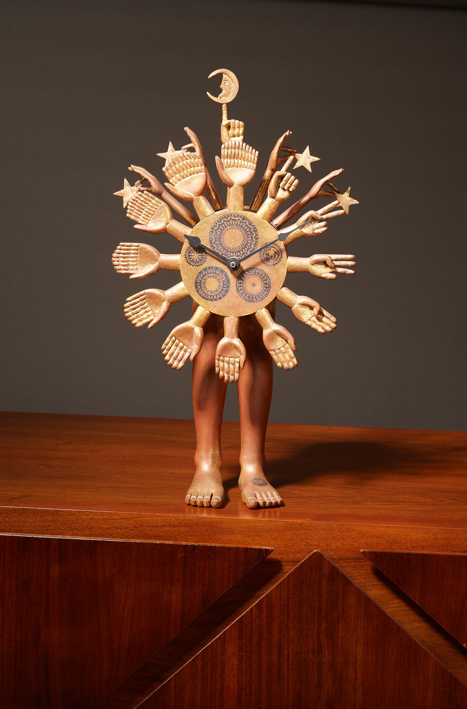 Mexican Pedro Friedeberg, Exceptional Surrealist Carved Clock, Gilt Wood, Mexico 1970s For Sale