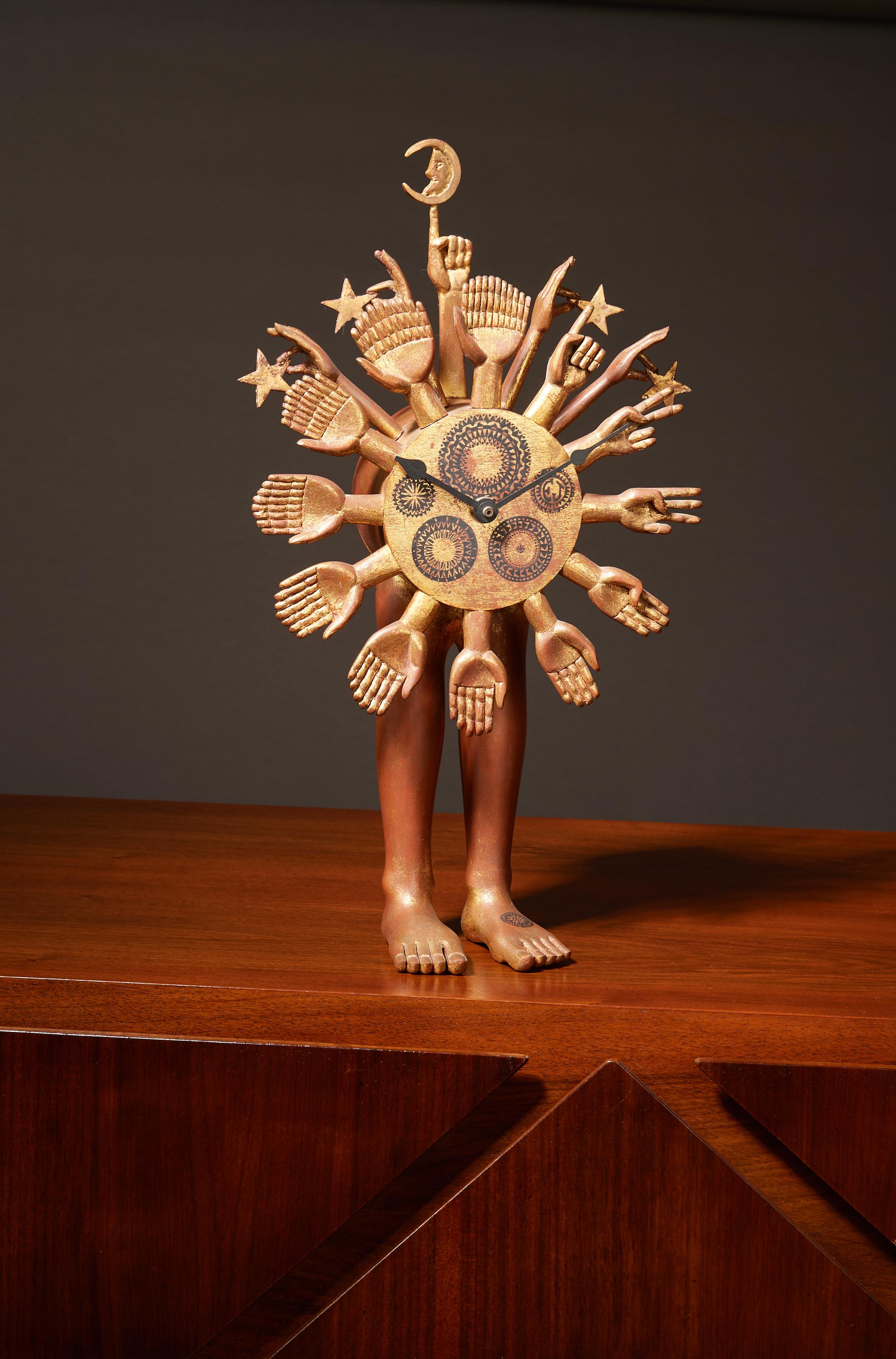 Late 20th Century Pedro Friedeberg, Exceptional Surrealist Carved Clock, Gilt Wood, Mexico 1970s For Sale