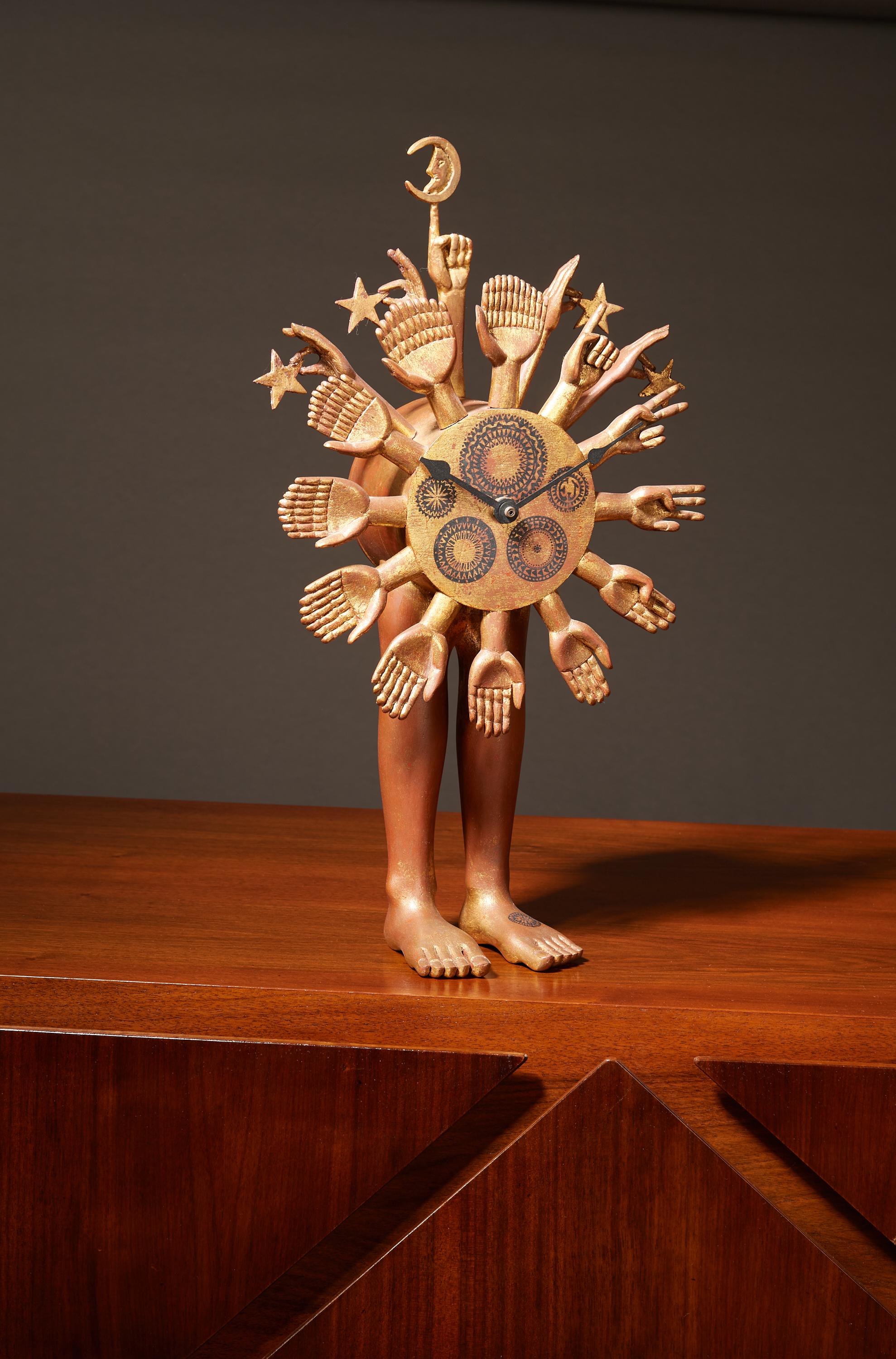 Mahogany Pedro Friedeberg, Exceptional Surrealist Carved Clock, Gilt Wood, Mexico 1970s For Sale