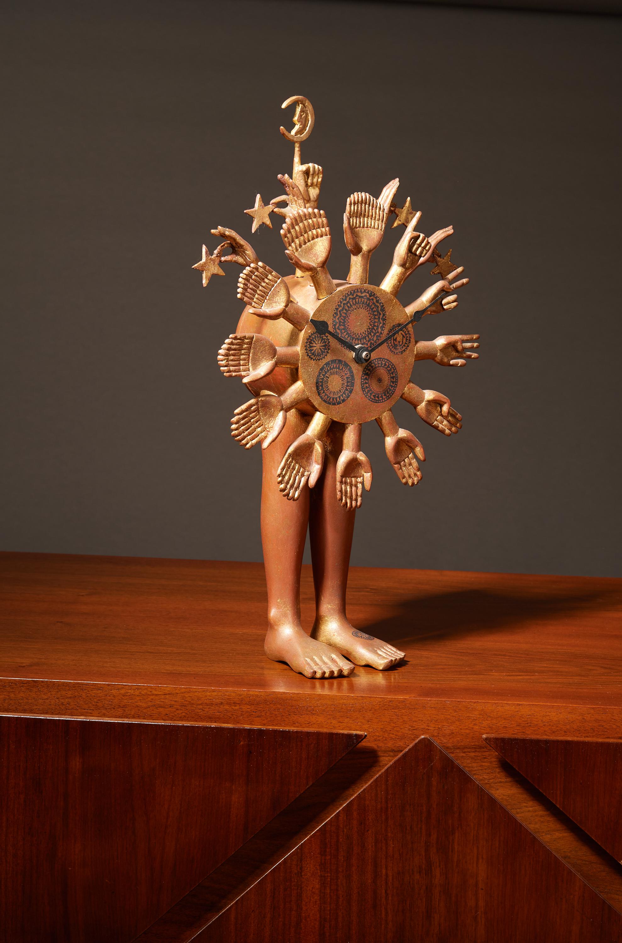 Pedro Friedeberg, Exceptional Surrealist Carved Clock, Gilt Wood, Mexico 1970s For Sale 1
