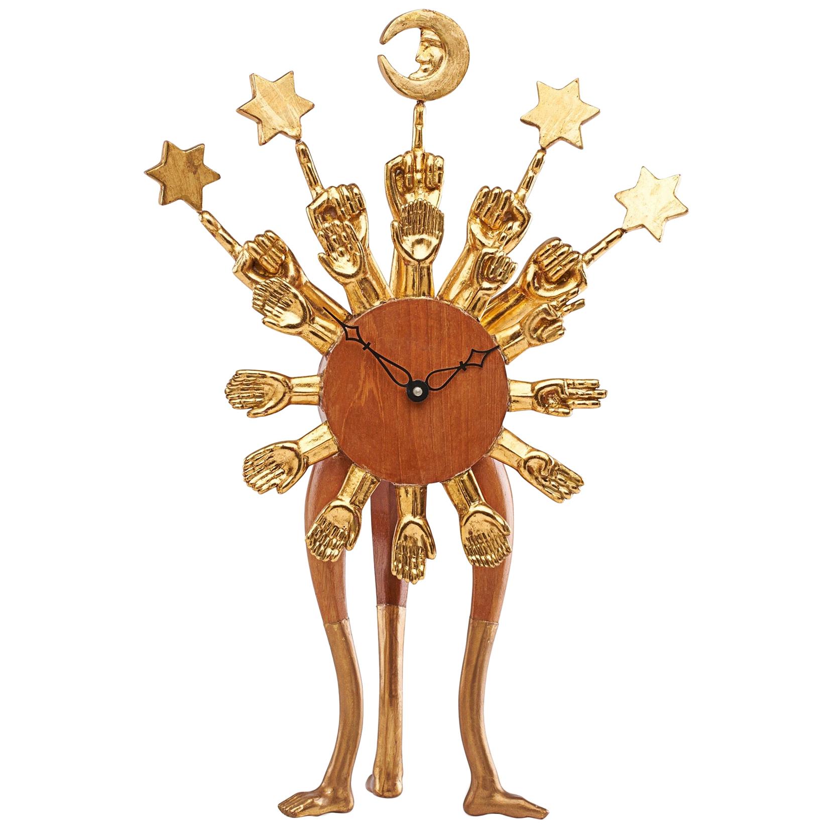 Pedro Friedeberg Exceptional Surrealist Carved Clock, Gilt Wood, Mexico 1970s  