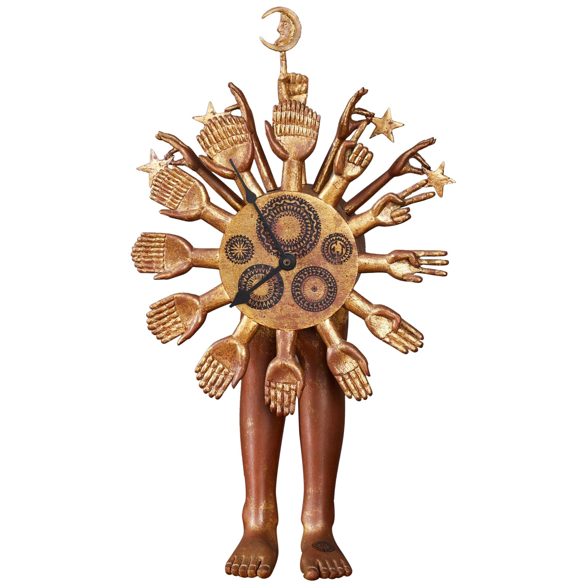 Pedro Friedeberg, Exceptional Surrealist Carved Clock, Gilt Wood, Mexico 1970s
