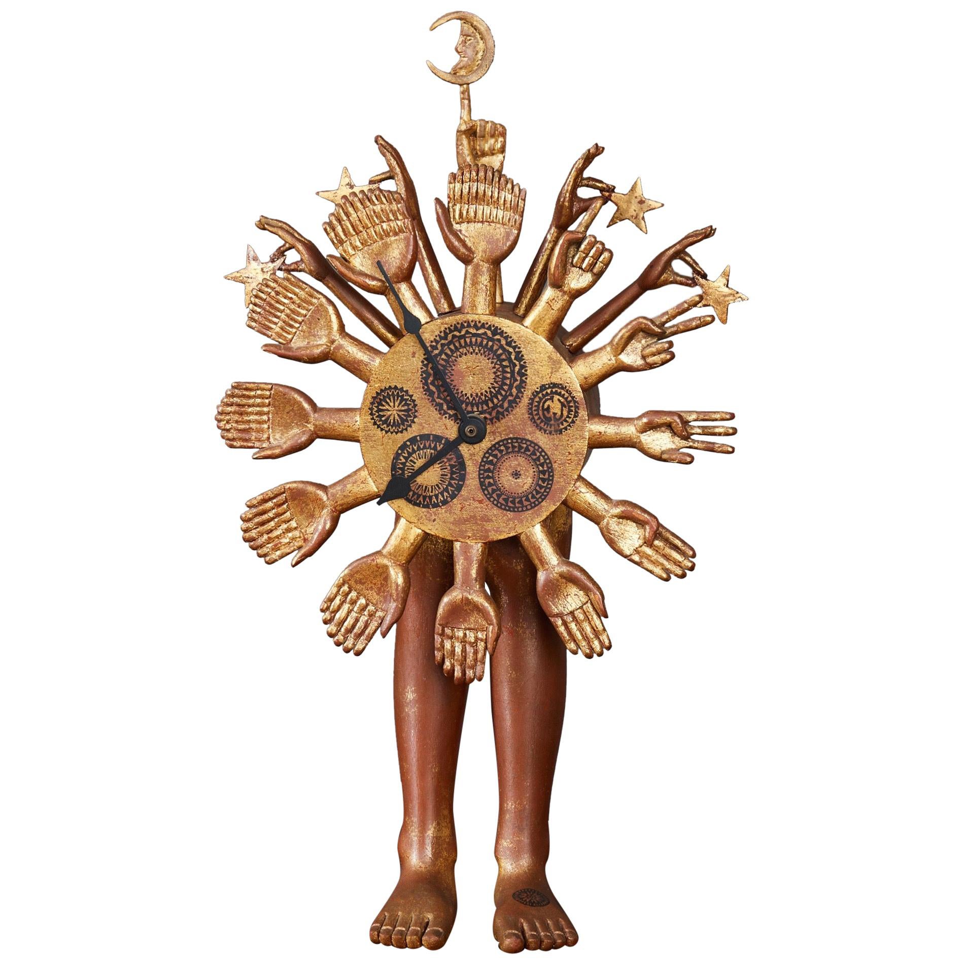 Pedro Friedeberg, Exceptional Surrealist Carved Clock, Gilt Wood, Mexico 1970s For Sale