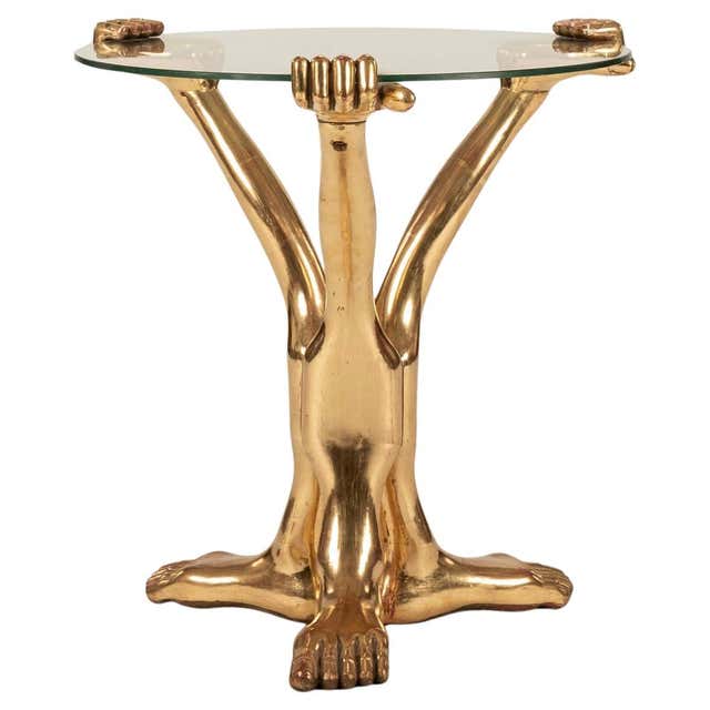 Hand Table Edition Pedro Friedeberg Hand Foot Side Table. Gold Leaf, Round Glass Top ...