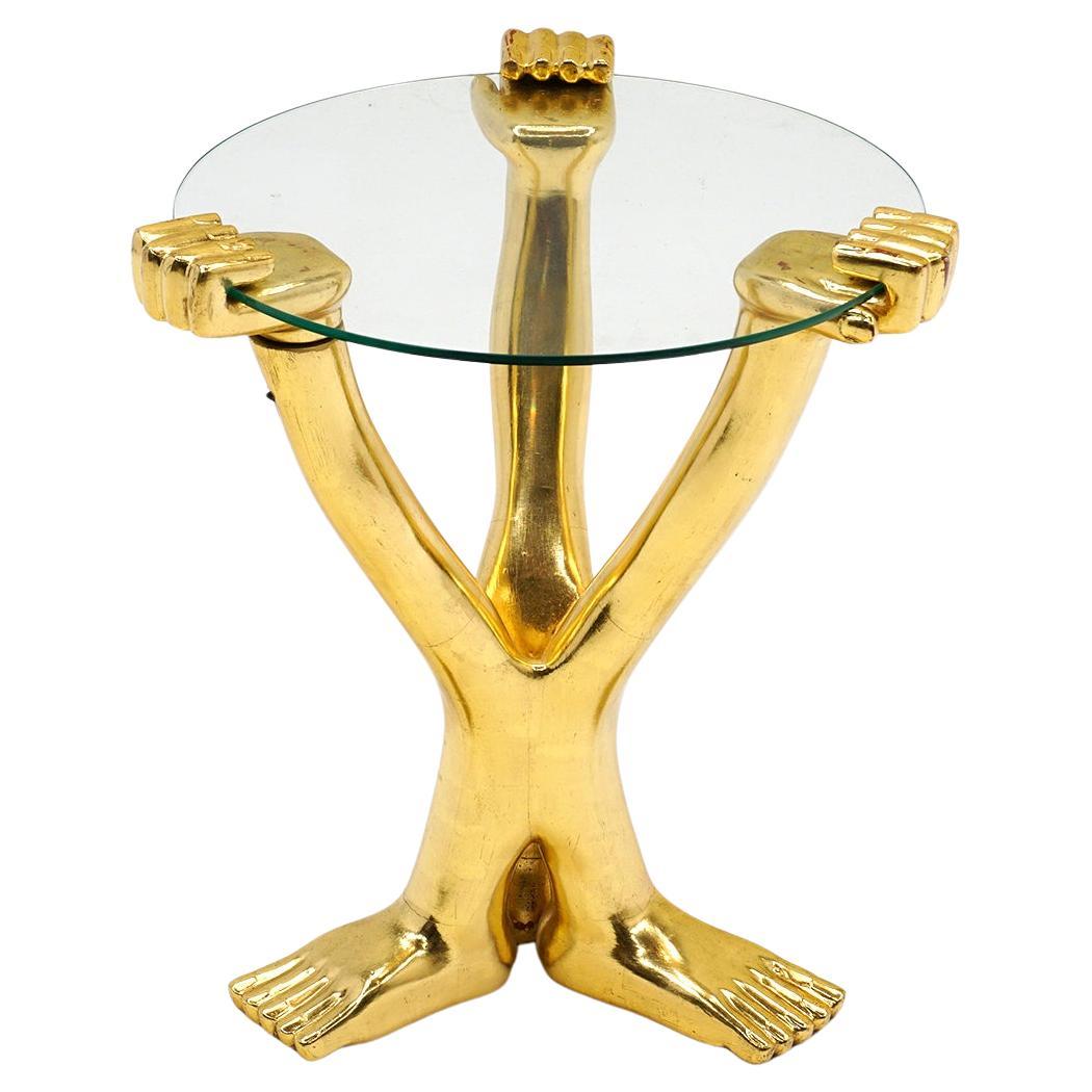 Pedro Friedeberg Hand Foot Side Table. Gold Leaf, Round Glass Top. Signed. For Sale