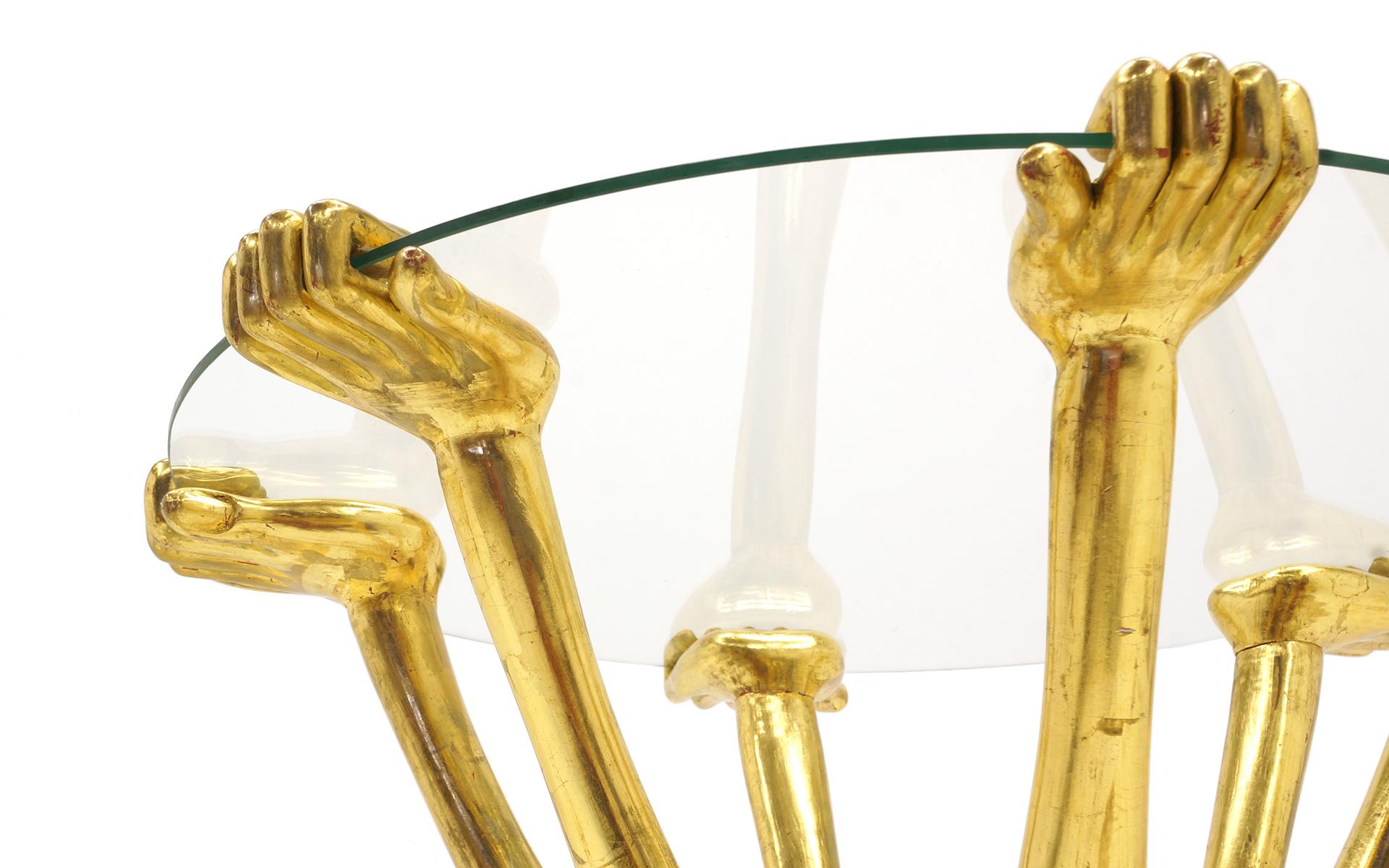 Pedro Friedeberg Hand Foot Table, 1960s, Signed, Gold Leaf and Glass (20. Jahrhundert)