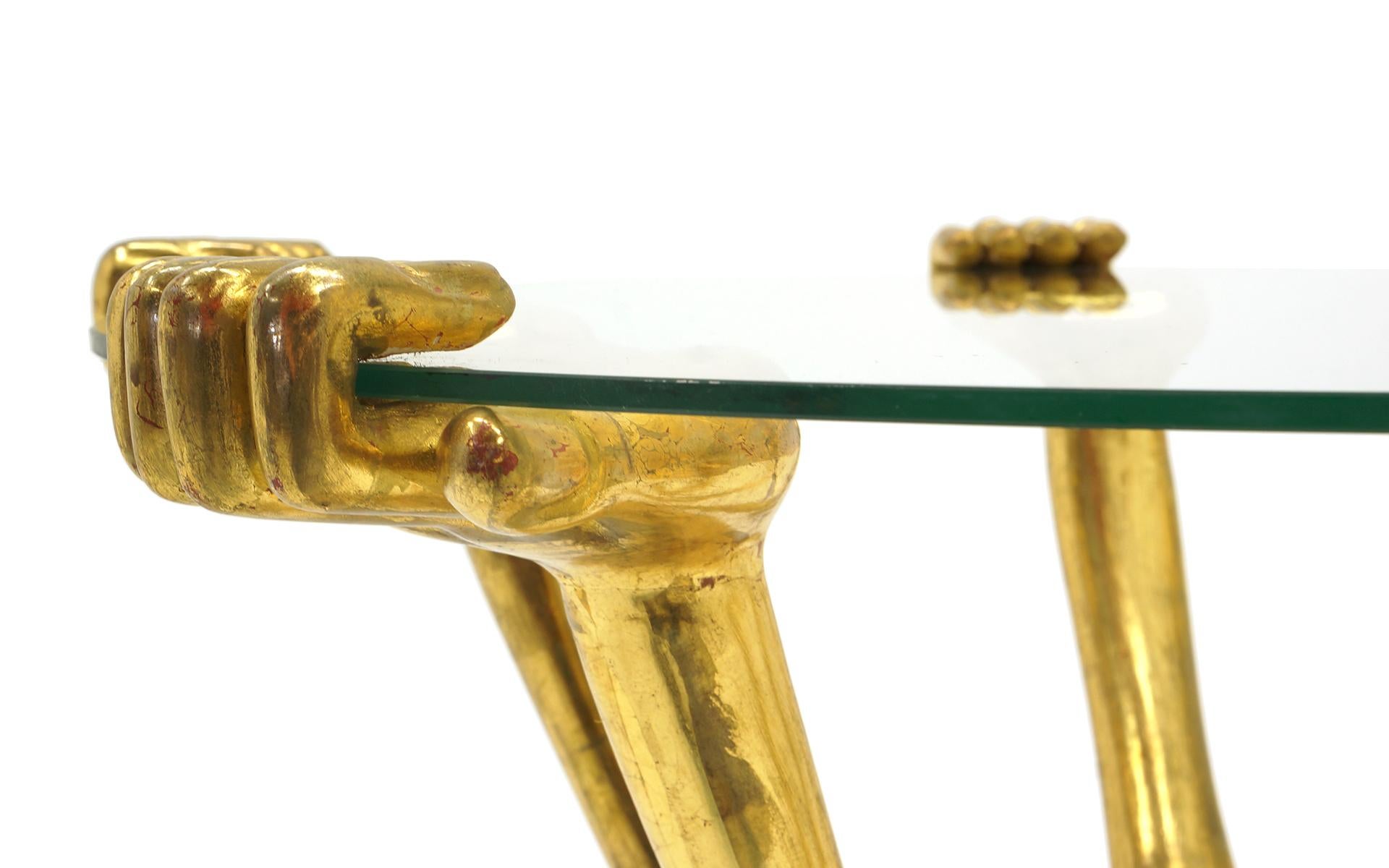 Pedro Friedeberg Hand Foot Table, 1960s, Signed, Gold Leaf and Glass (Mahagoni)