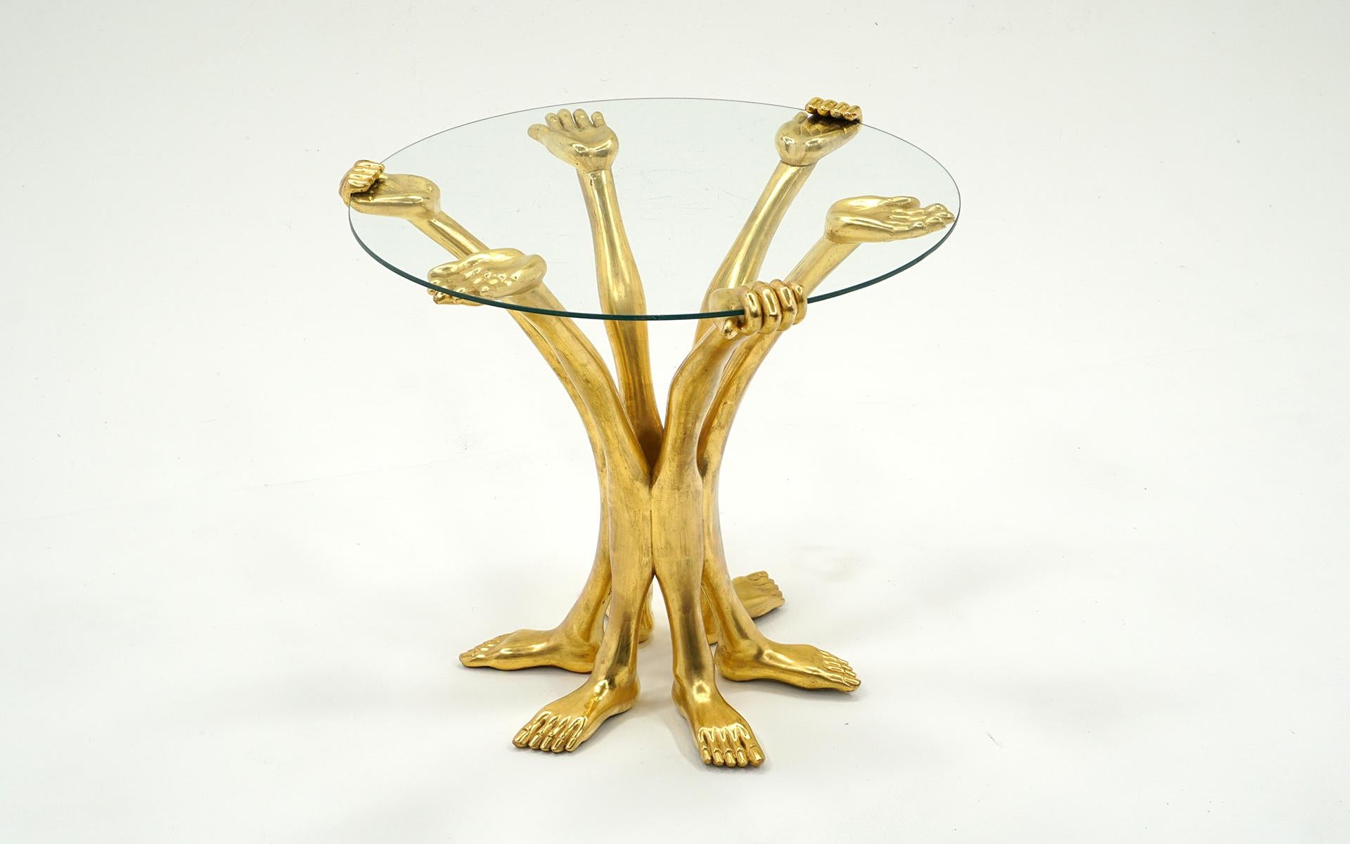 Modern Pedro Friedeberg Hands Feet Surrealist Gold Leafed Occasional Table. 1960s.
