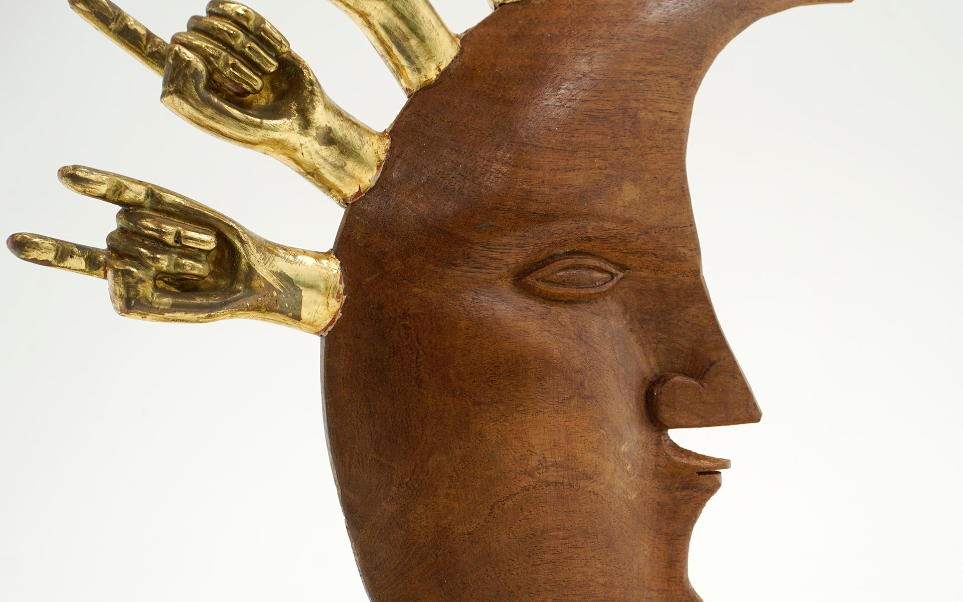 Late 20th Century Pedro Friedeberg Moon Face with Hands Table Top Sculpture, 1970s, Signed. For Sale