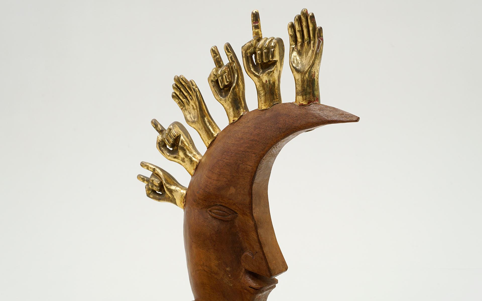 Walnut Pedro Friedeberg Moon Face with Hands Table Top Sculpture, 1970s, Signed. For Sale