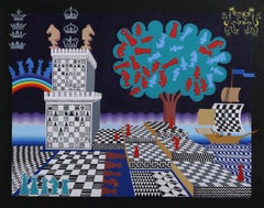 Chess Field, Signed Surrealist Painting by Pedro Friedeberg