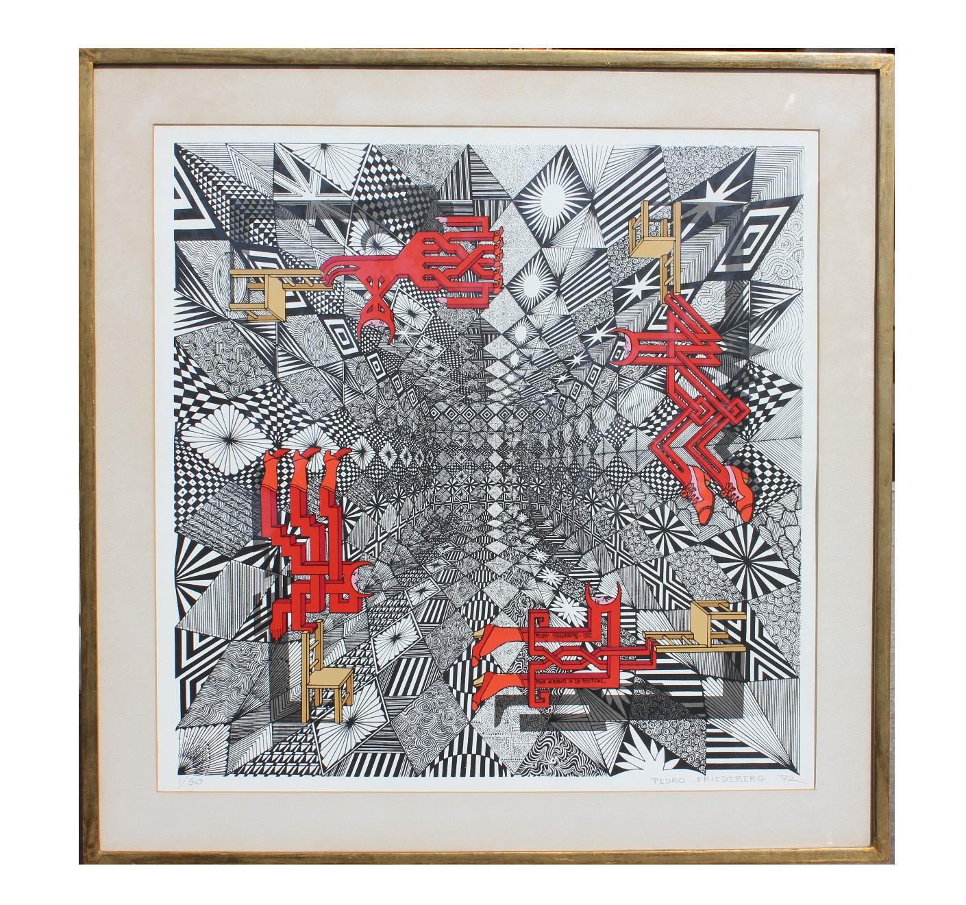 Pedro Friedeberg Figurative Painting - "Four Acrobats in Six Positions" Geometric Surrealist Print Edition 1 of 50