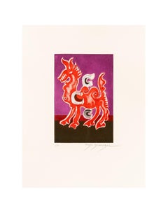"C de cabra" contemporary surrealist engraving red letter goat