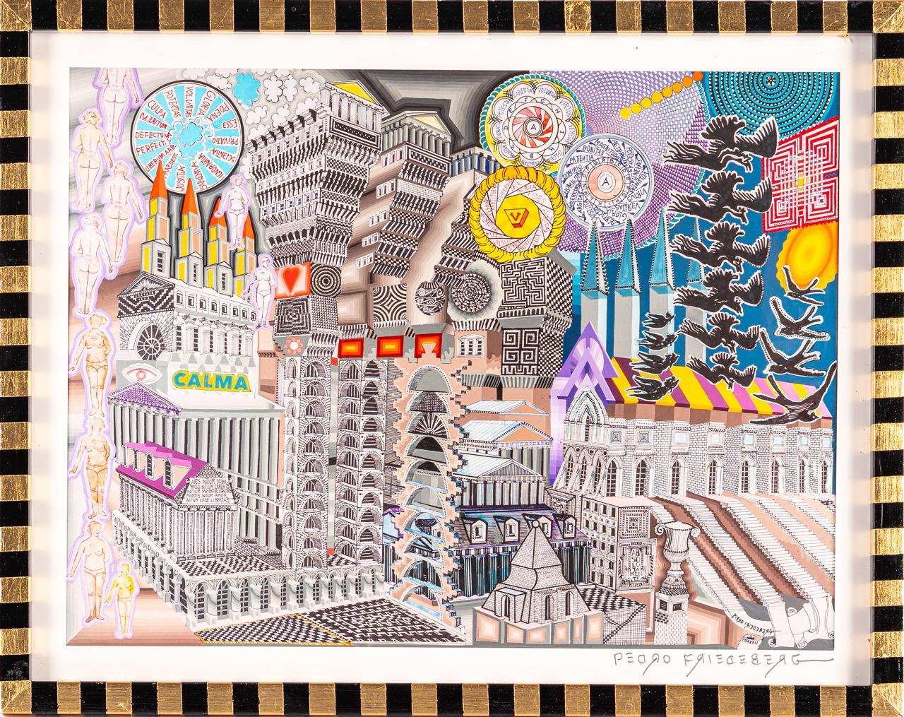 Pedro Friedeberg Still-Life Print - "CALMA" contemporary surrealist print with intricate colorful city landscape