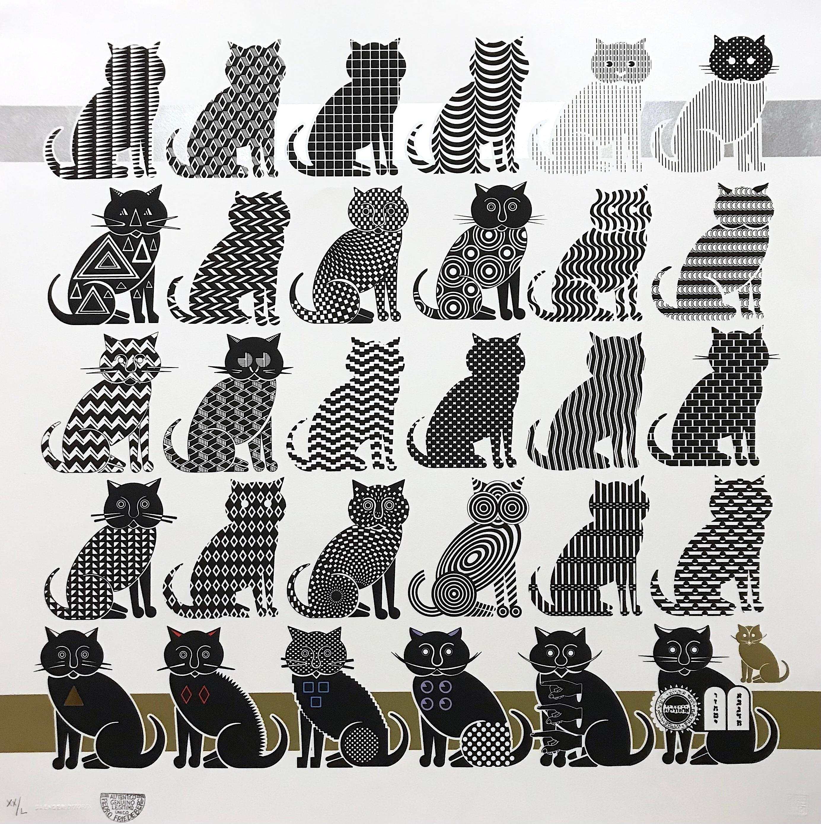 Pedro Friedeberg Figurative Print - "Cats" - 2d surrealist print, black and white patterns, animals