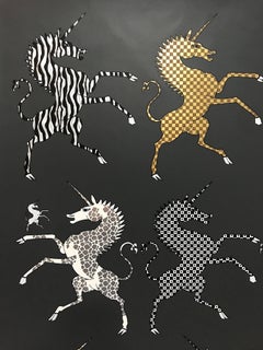 "Cromaticornios II" - surrealist pattern, unicorns, gold leaf, silver leaf