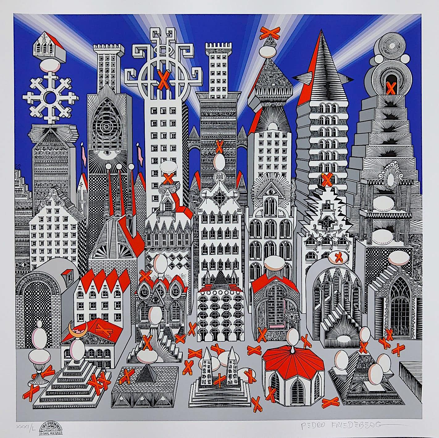 Pedro Friedeberg Figurative Print - City of a million with 25 boiled eggs