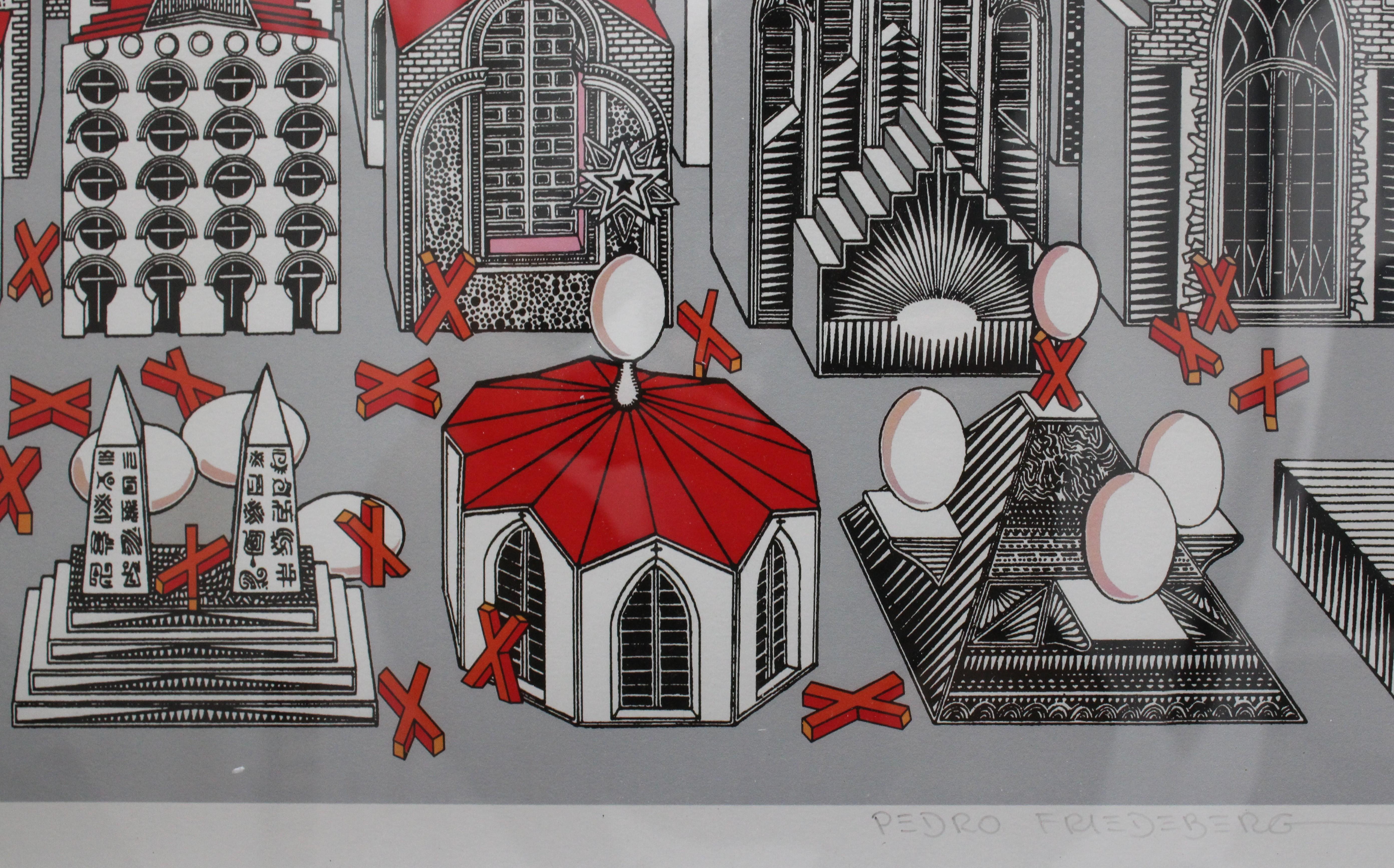 -Lámina firmada por Pedro Friedeberg con una fantástica escena surrealista. Incluye figuras caprichosas, elementos de arte óptico y detalles surrealistas. enmarcado en un marco a rayas negras y doradas pintado a mano. un vibrante ejemplo de la