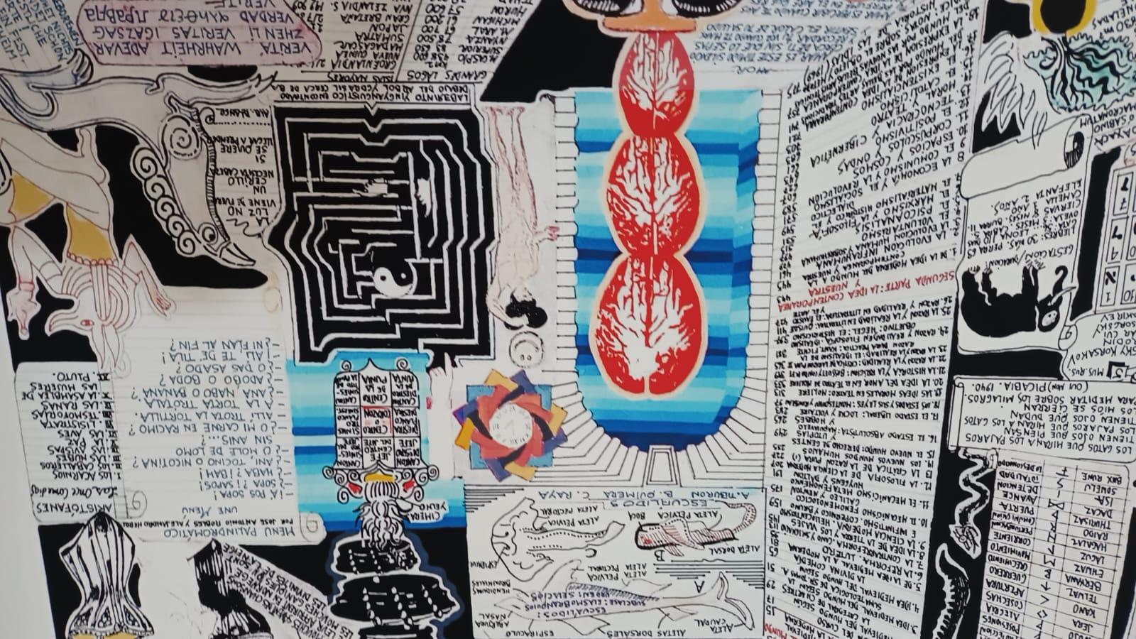 -Pedro Friedeberg signed print featuring a fantastical architectural scene inspired by “Mickey”. Includes whimsical figures, optical art elements, and surreal details. framed in a hand-painted black and gold striped frame. a vibrant example of