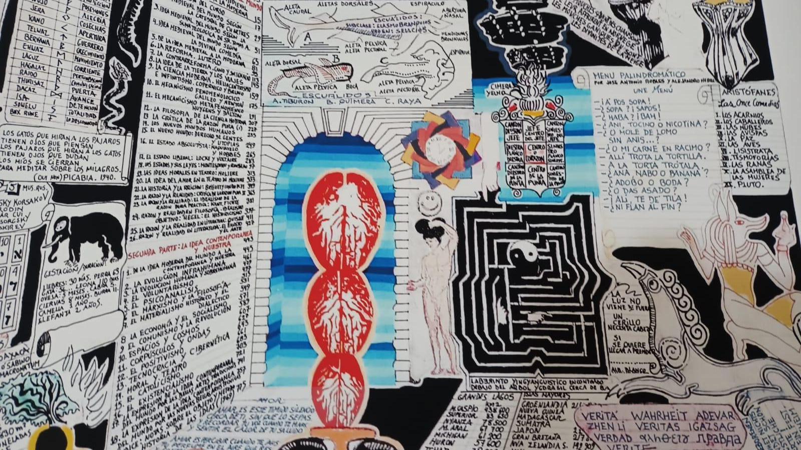 -Pedro Friedeberg signed print featuring a fantastical architectural scene inspired by “Mickey”. Includes whimsical figures, optical art elements, and surreal details. framed in a hand-painted black and gold striped frame. a vibrant example of