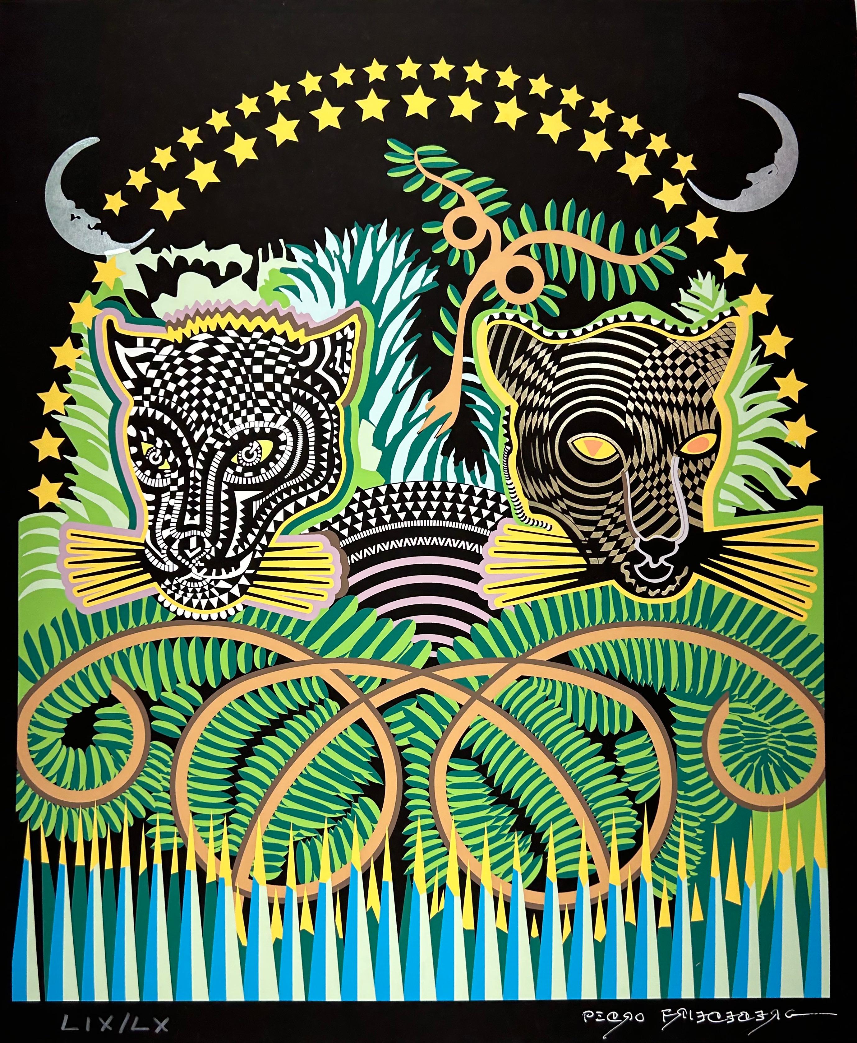 Animal Print Pedro Friedeberg - "Jaguares II" Jaguars, contemporain, impression surréaliste, nature, vert, Friedeberg