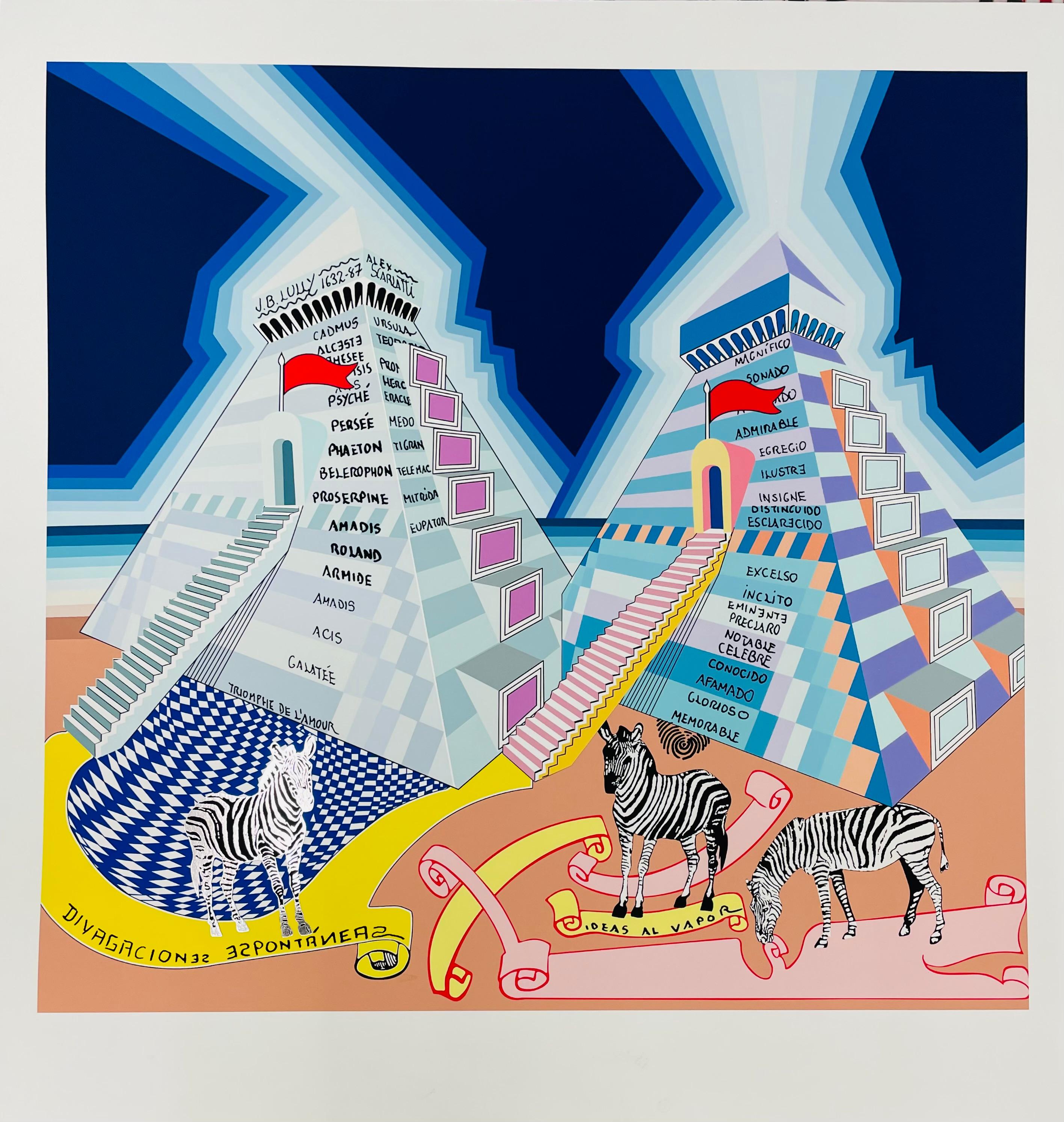 "Divagaciones espontáneas" zeitgenössischer Siebdruck surrealistisches Zebra und Pyramide