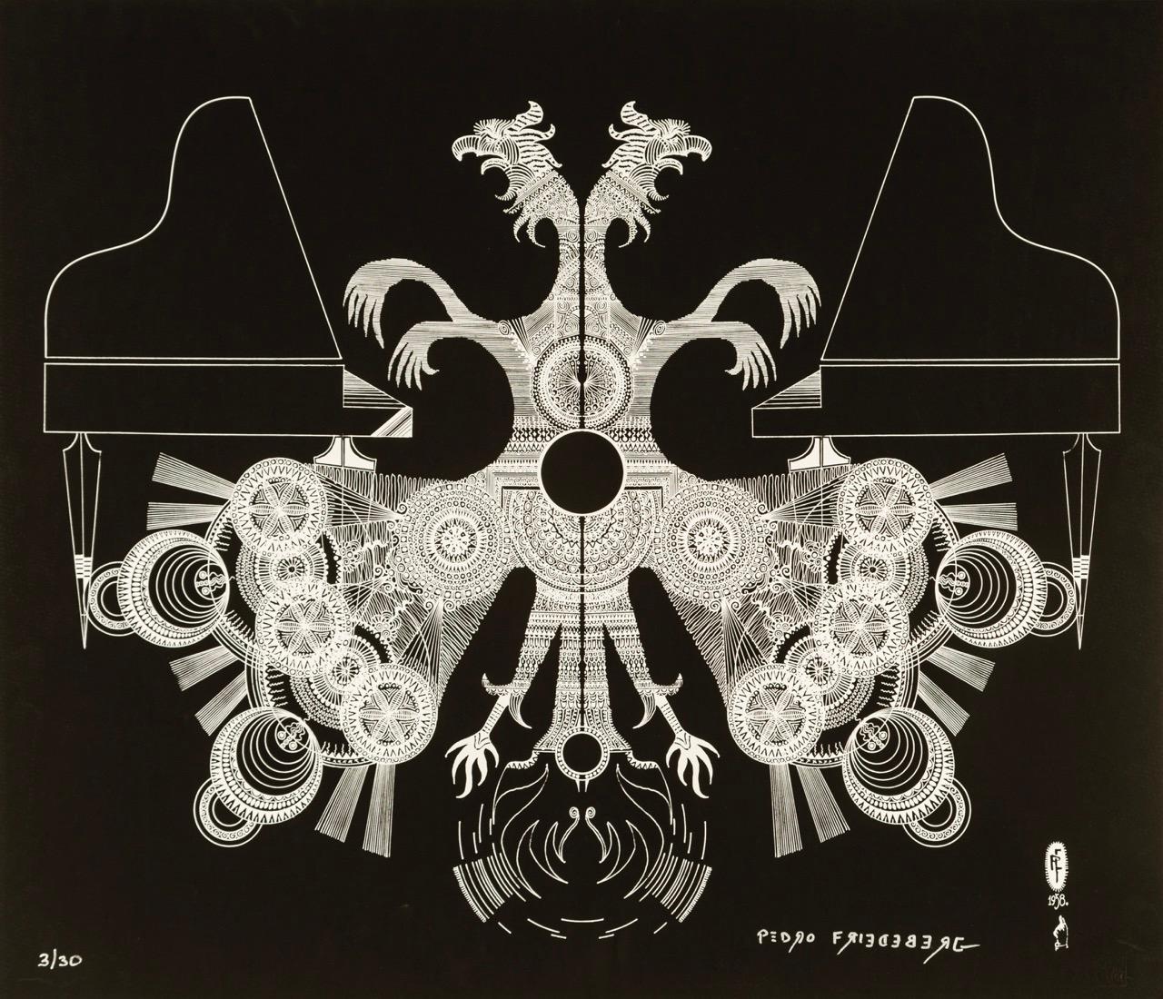 Pedro Friedeberg Figurative Print – "Dragones musicales I" zeitgenössische surrealistische Drachen Klavier schwarz-weiß 