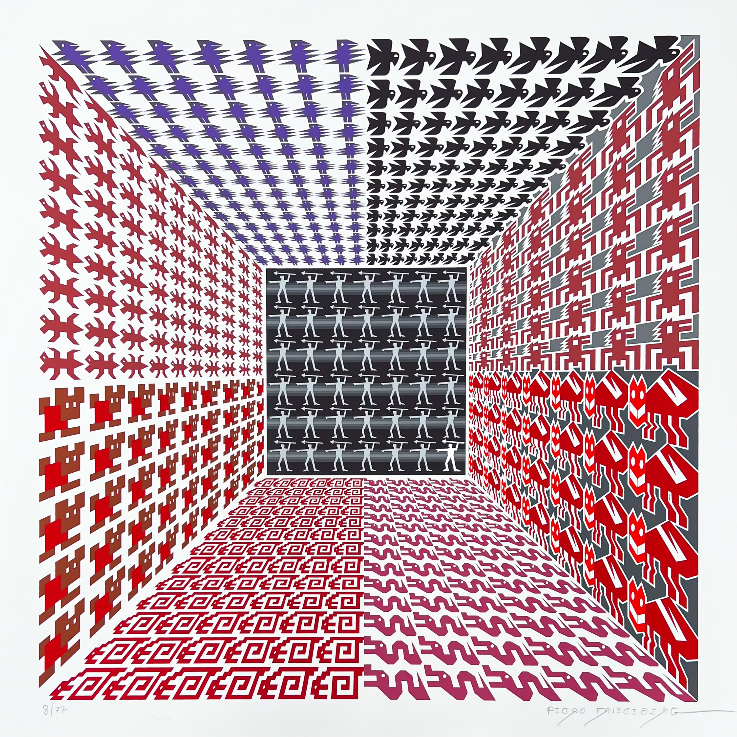 Figurative Print de Pedro Friedeberg - Patrón "Ejército del amor", rojo, contemporáneo, mexicano, gráfico