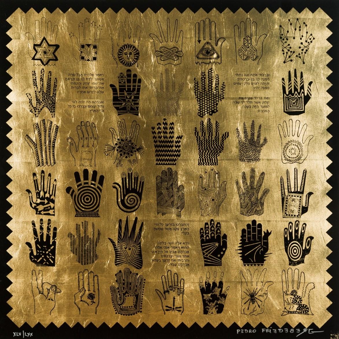 Pedro Friedeberg Figurative Print - Golden hands