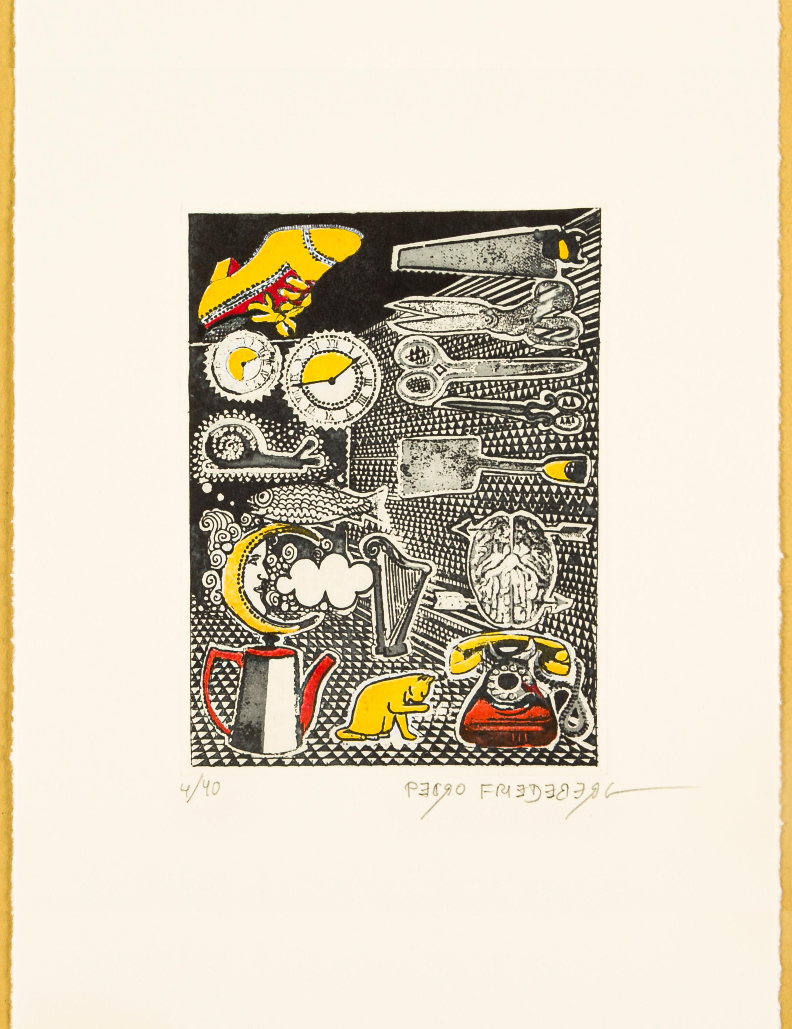 Pedro Friedeberg Figurative Print - "Herramientas y más" contemporary engraving surrealist tools objects