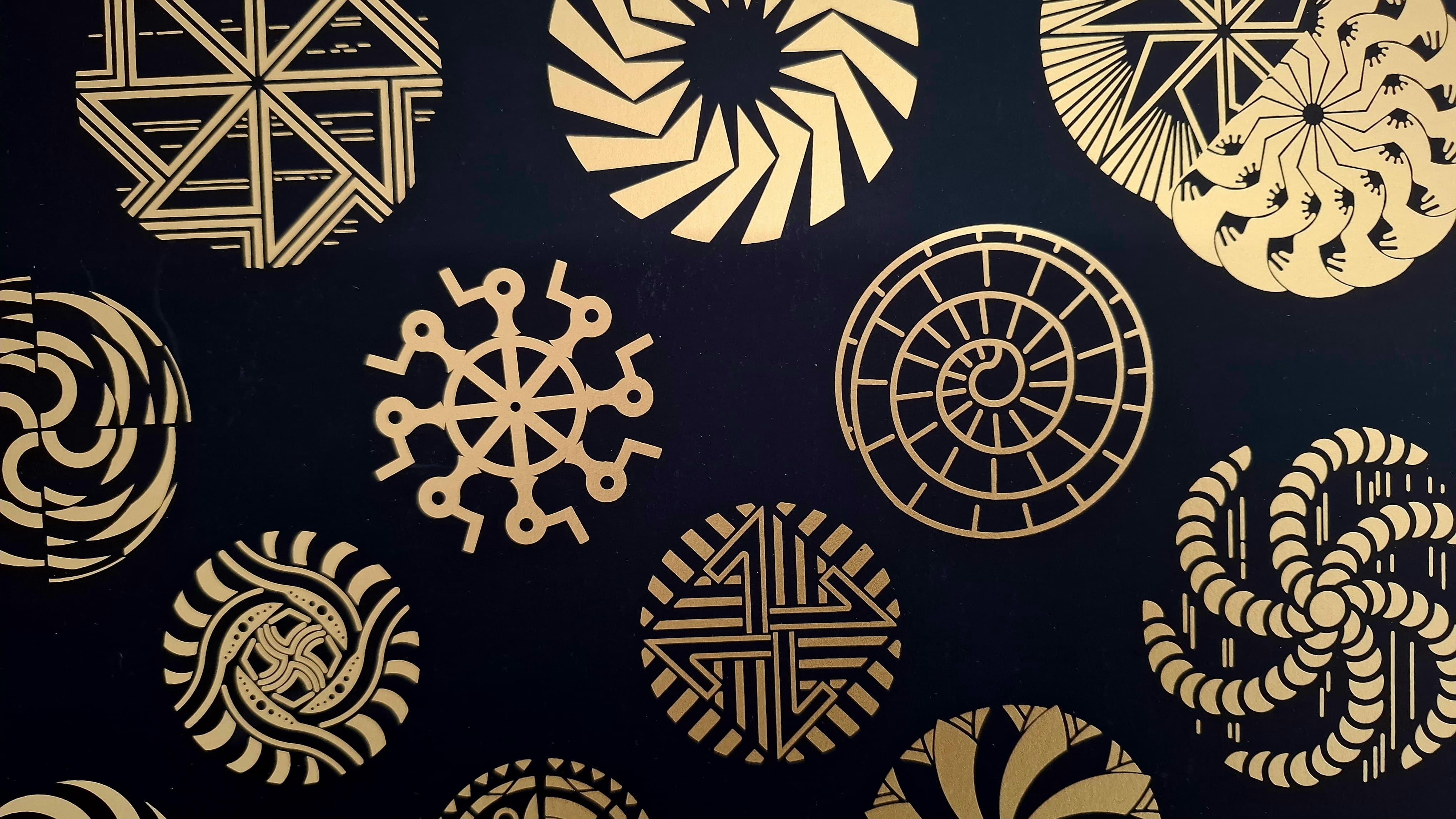 his striking piece by Italian-Mexican Surrealist Pedro Friedeberg is unique for its mesmerizing Op Art and horror vacui style, featuring a densely packed composition of nearly 100 gilded, circular geometric and swirling patterns on a stark black