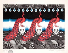 "Memento Mori" pattern, contemporary, surrealist, peacock