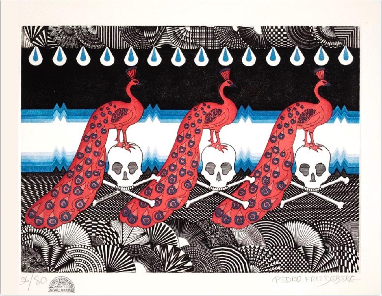 "Memento Mori" pattern, contemporary, surrealist, peacock