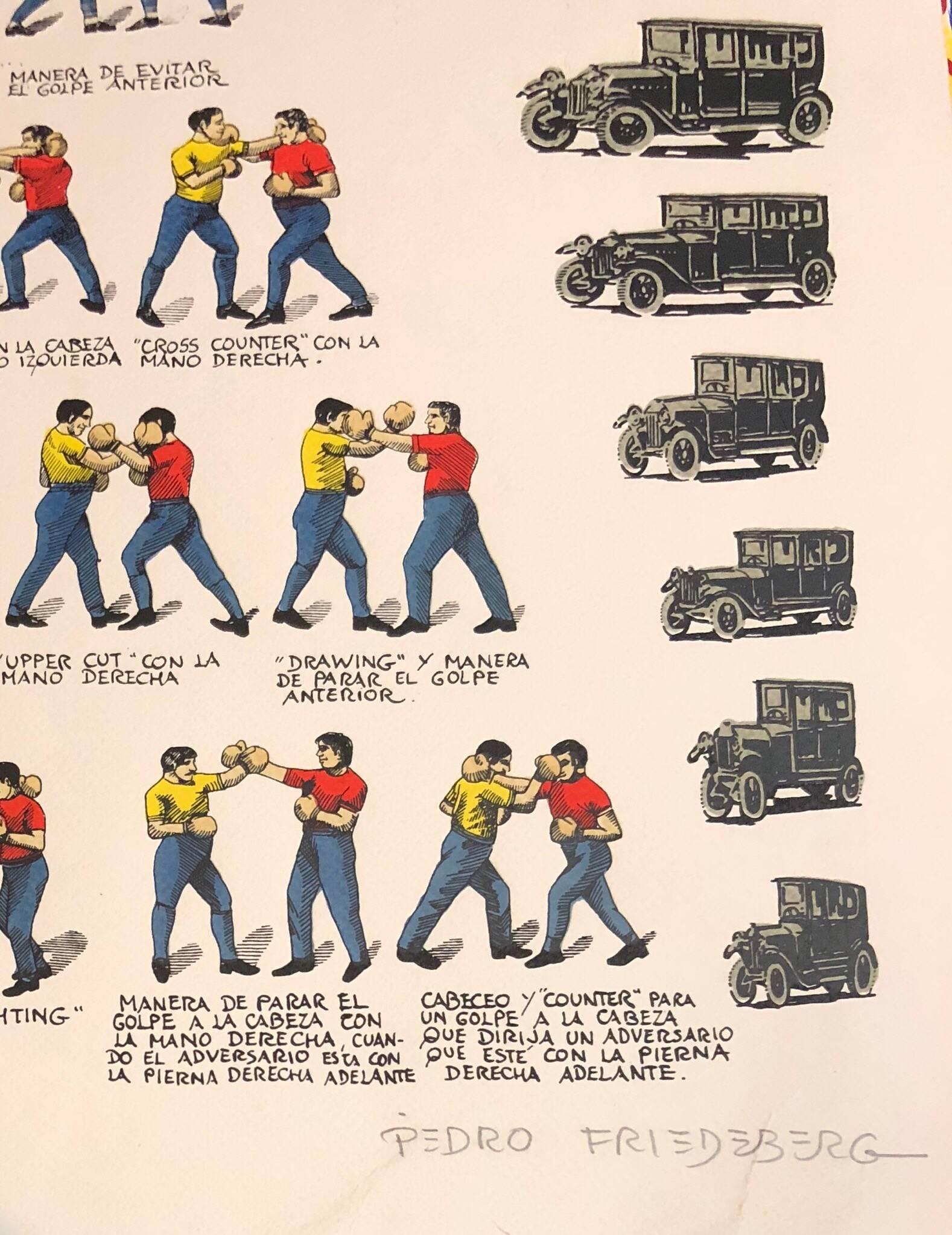 This print has two men boxing, nudes and limousines. 
Pedro Friedeberg was born in Florence, Italy, 1936, to German-Jewish parents, He arrived in Mexico at the age of three. Having shown an early inclination for drawing and and sculpture