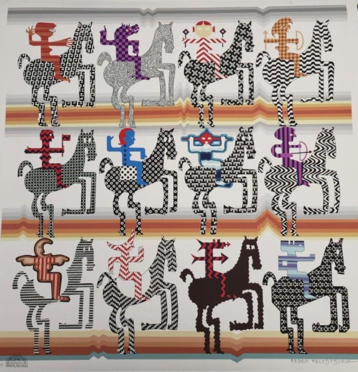 Pedro Friedeberg signierte lithografie mit einer fantastischen architektonischen szene, inspiriert von "Struwwelpeter". sie zeigt skurrile figuren, optische elemente und surreale details. gerahmt in einem handbemalten schwarz-gold gestreiften