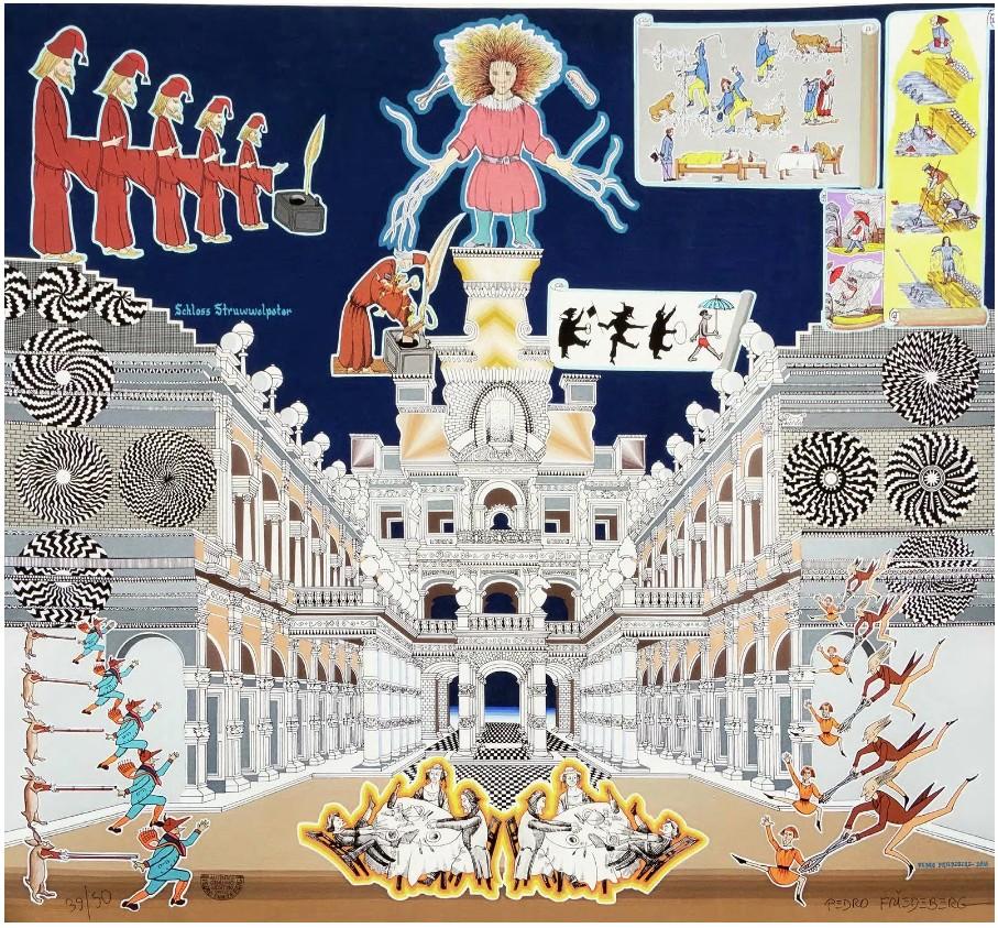 -Der signierte Druck von Pedro Friedeberg zeigt eine fantastische architektonische Szene, die vom "Struwwelpeter" inspiriert ist. Er enthält skurrile Figuren, optische Kunstelemente und surreale Details. Gerahmt in einem handbemalten, schwarz-gold