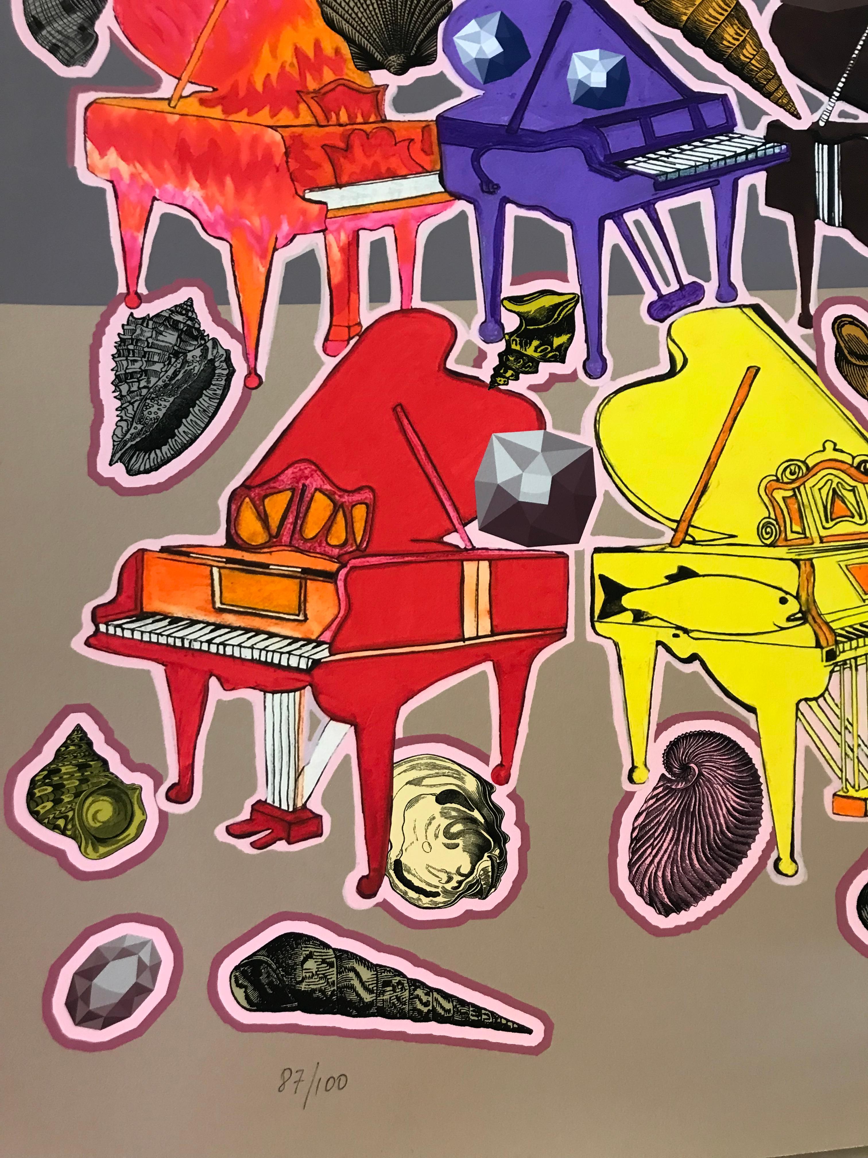 Pianos y caracolas - Brown Figurative Print by Pedro Friedeberg