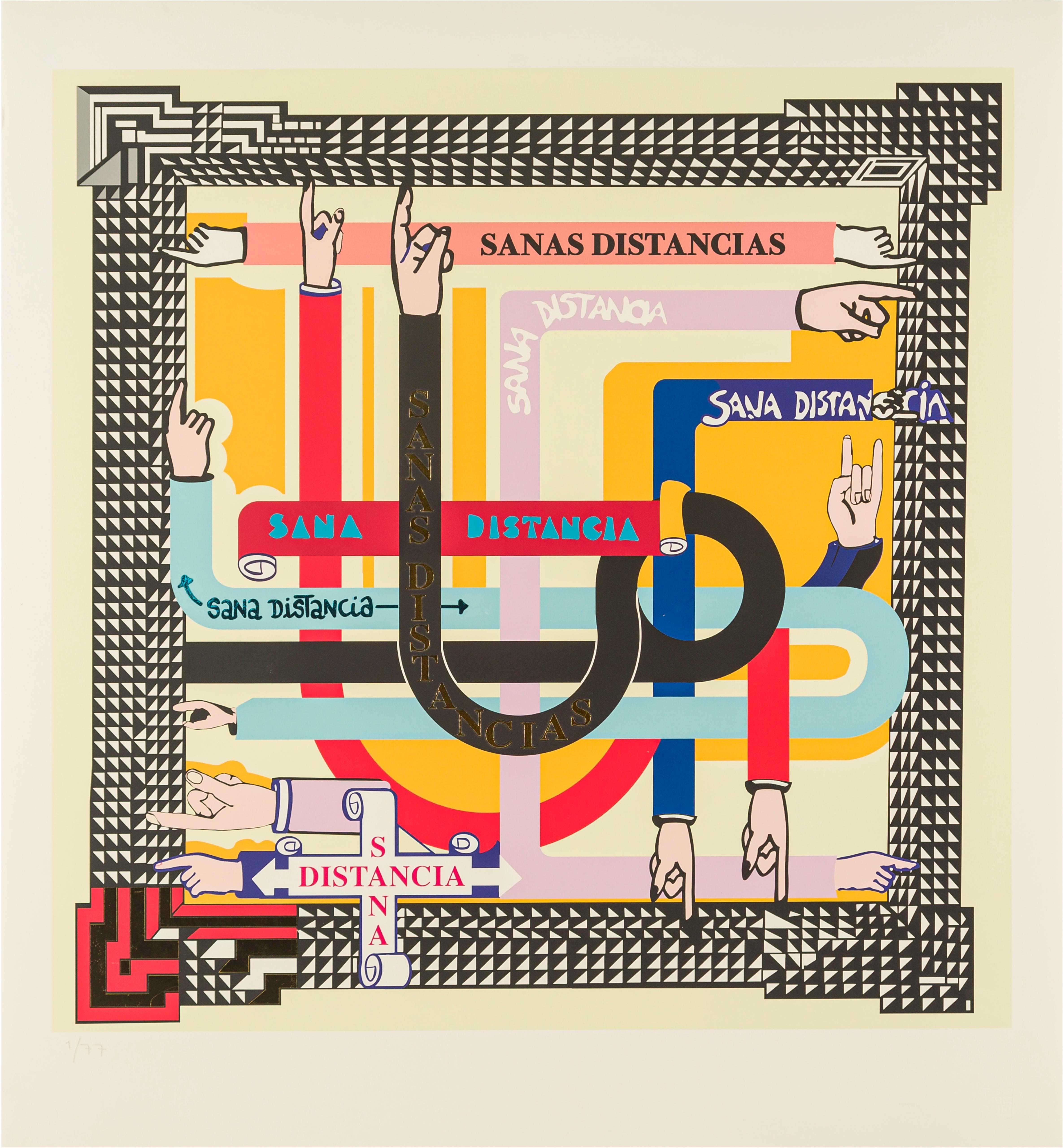 „Sanas distances“ Safe distances – figurative, hands, post COVID art – Print von Pedro Friedeberg