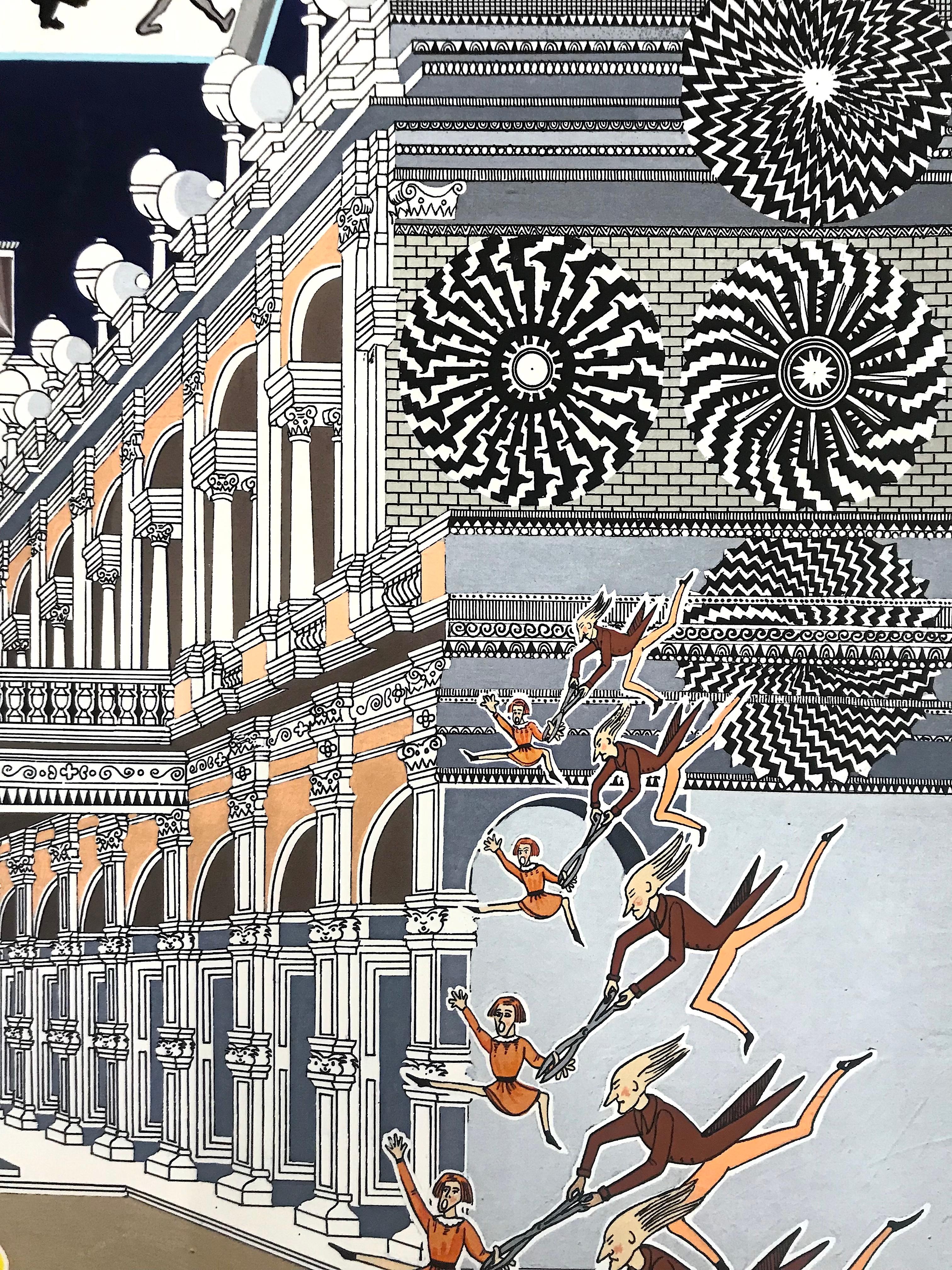 Werke von Pedro Friedeberg, einem bekannten mexikanischen surrealistischen Künstler, der für seine Detailgenauigkeit und seinen visuellen Humor bekannt ist. In seinem Werk Schloss Struwwelpeter kombiniert er eine fantastische Architektur mit