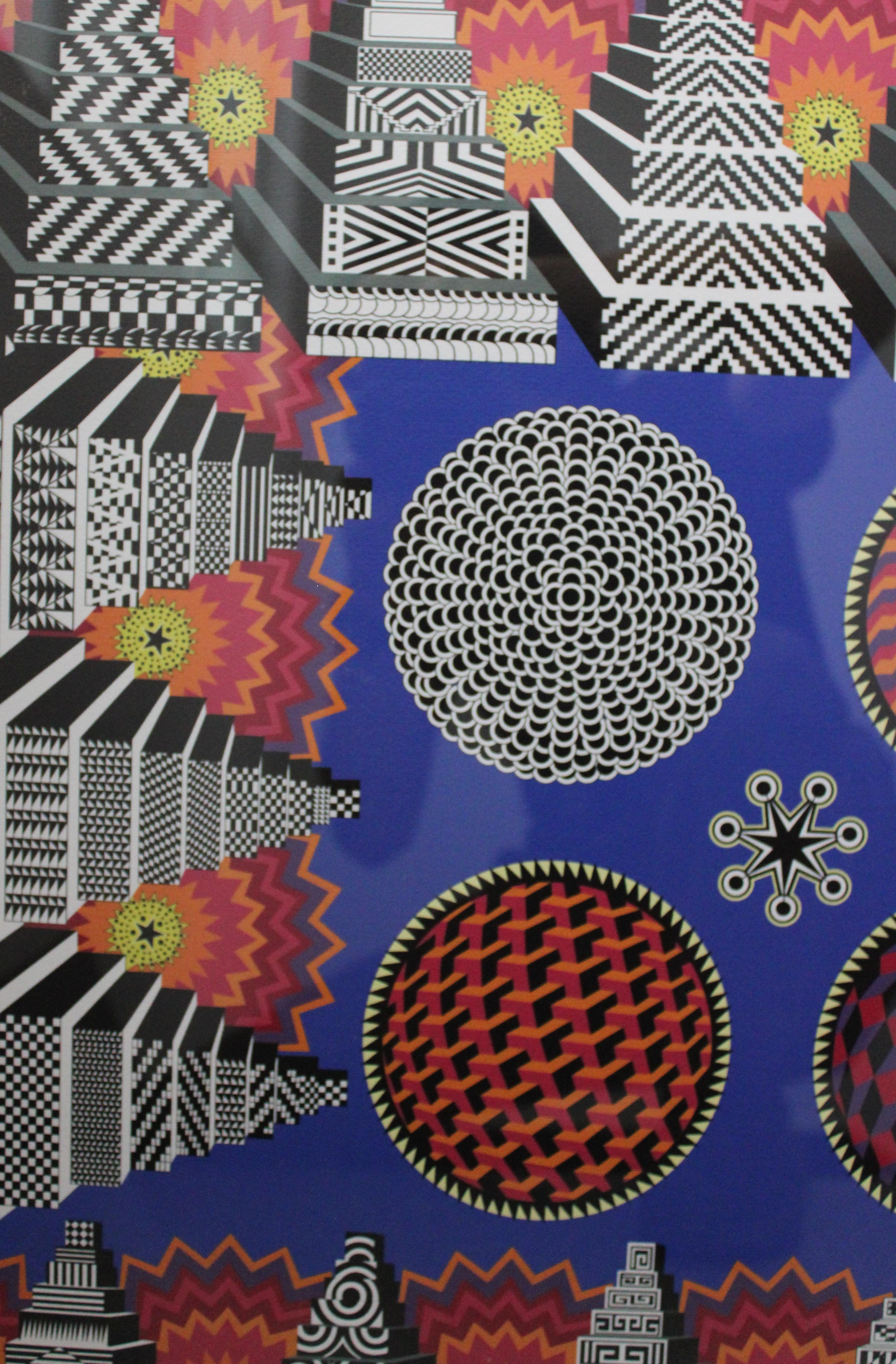 -Pedro Friedeberg signed print featuring a fantastical surrealistic scene. Includes whimsical figures, optical art elements, and surreal details. framed in a hand-painted black and gold striped frame. a vibrant example of friedeberg’s iconic vision