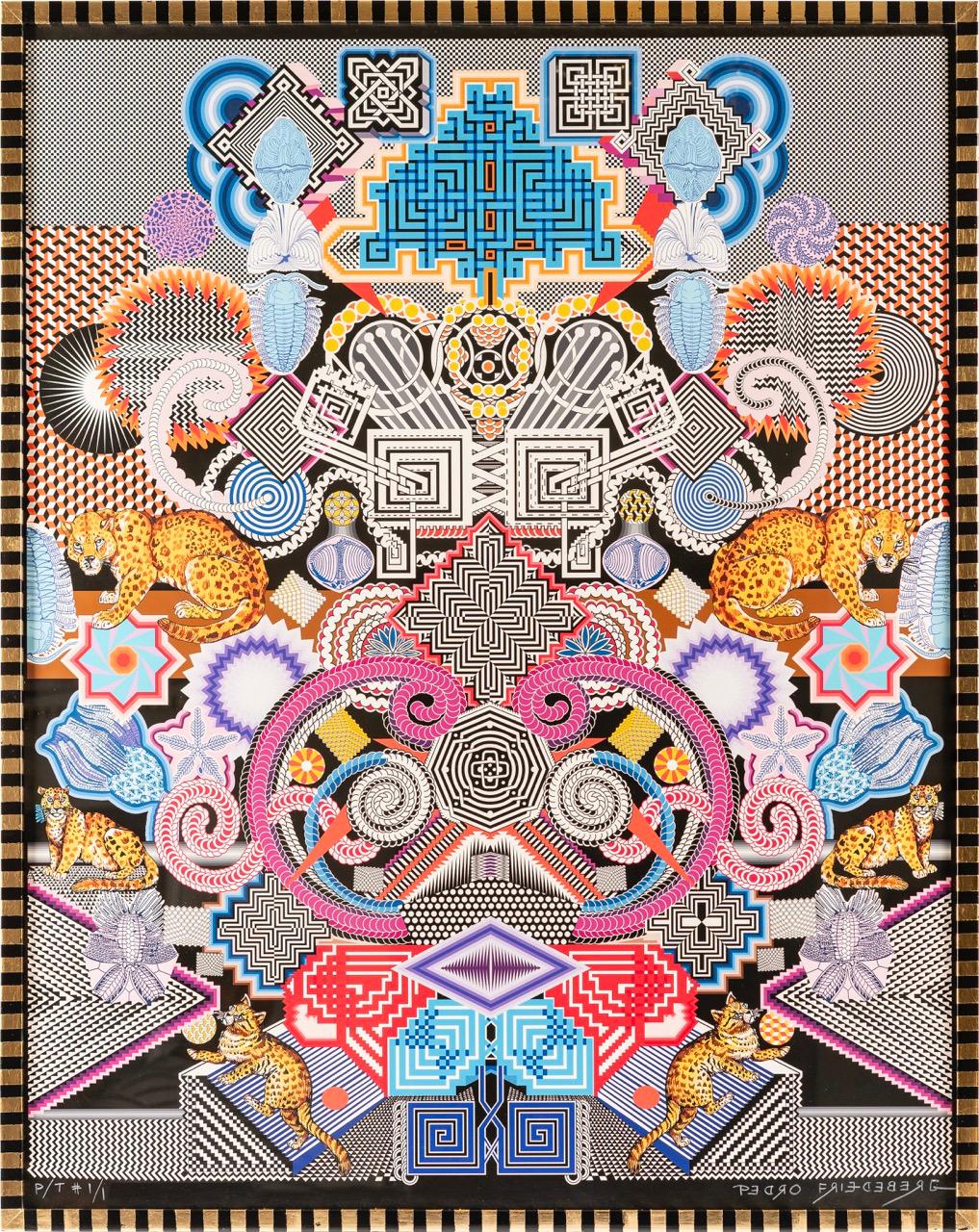 Figurative Print Pedro Friedeberg - "Tiempos fáciles" contemporain, surréaliste, formes géométriques, jaguars, motifs. 