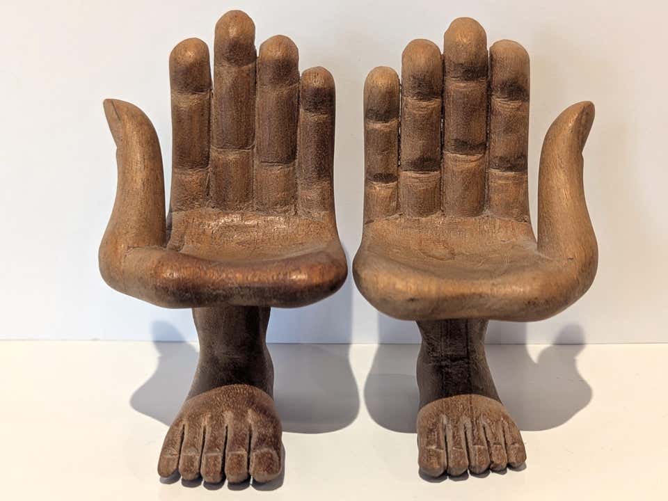 Pair of Surreal Miniature Wooden Hand and Foot Chair Sculptures