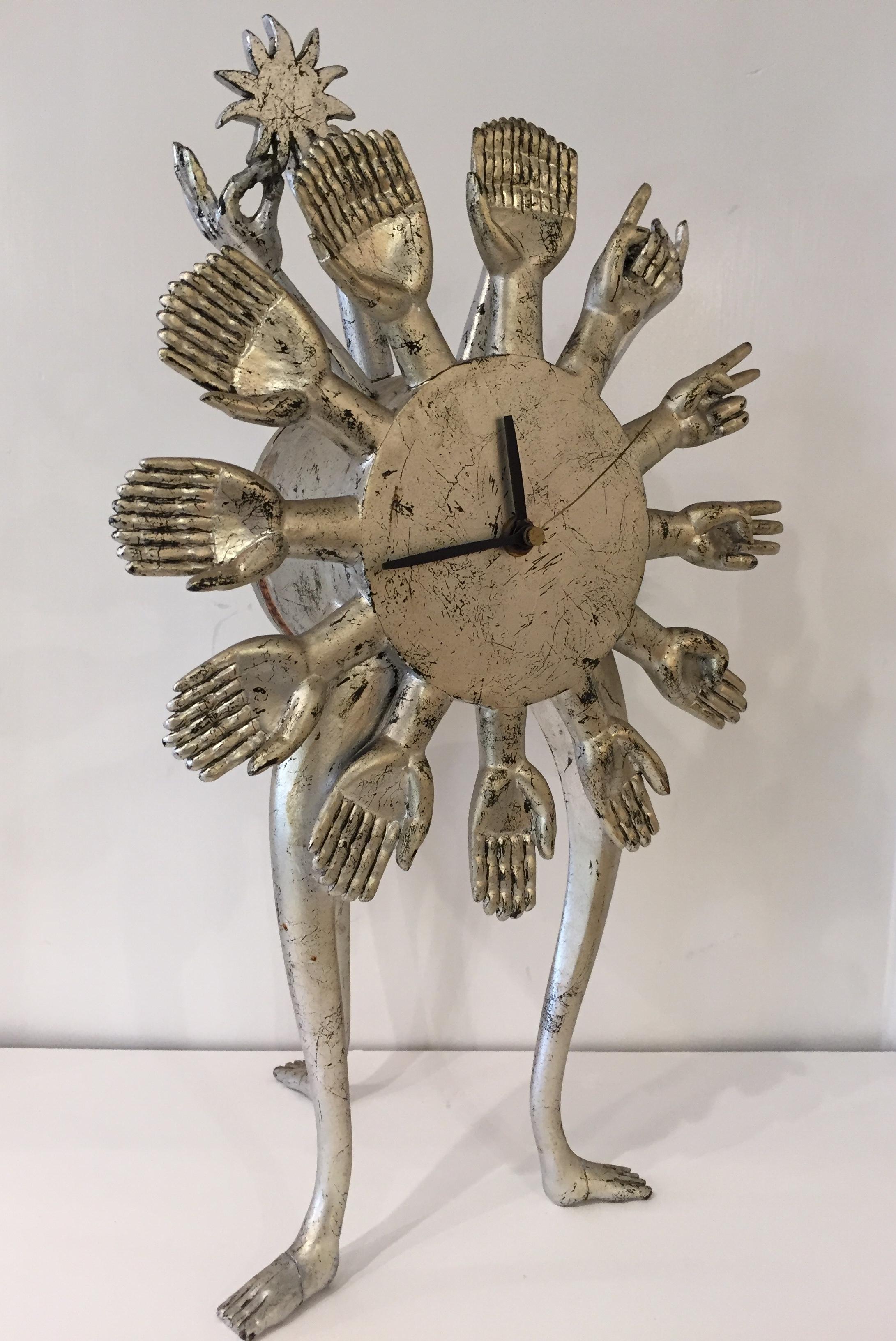 Hand-Carved Pedro Friedeberg Silver Gilt Vintage Hand Clock For Sale