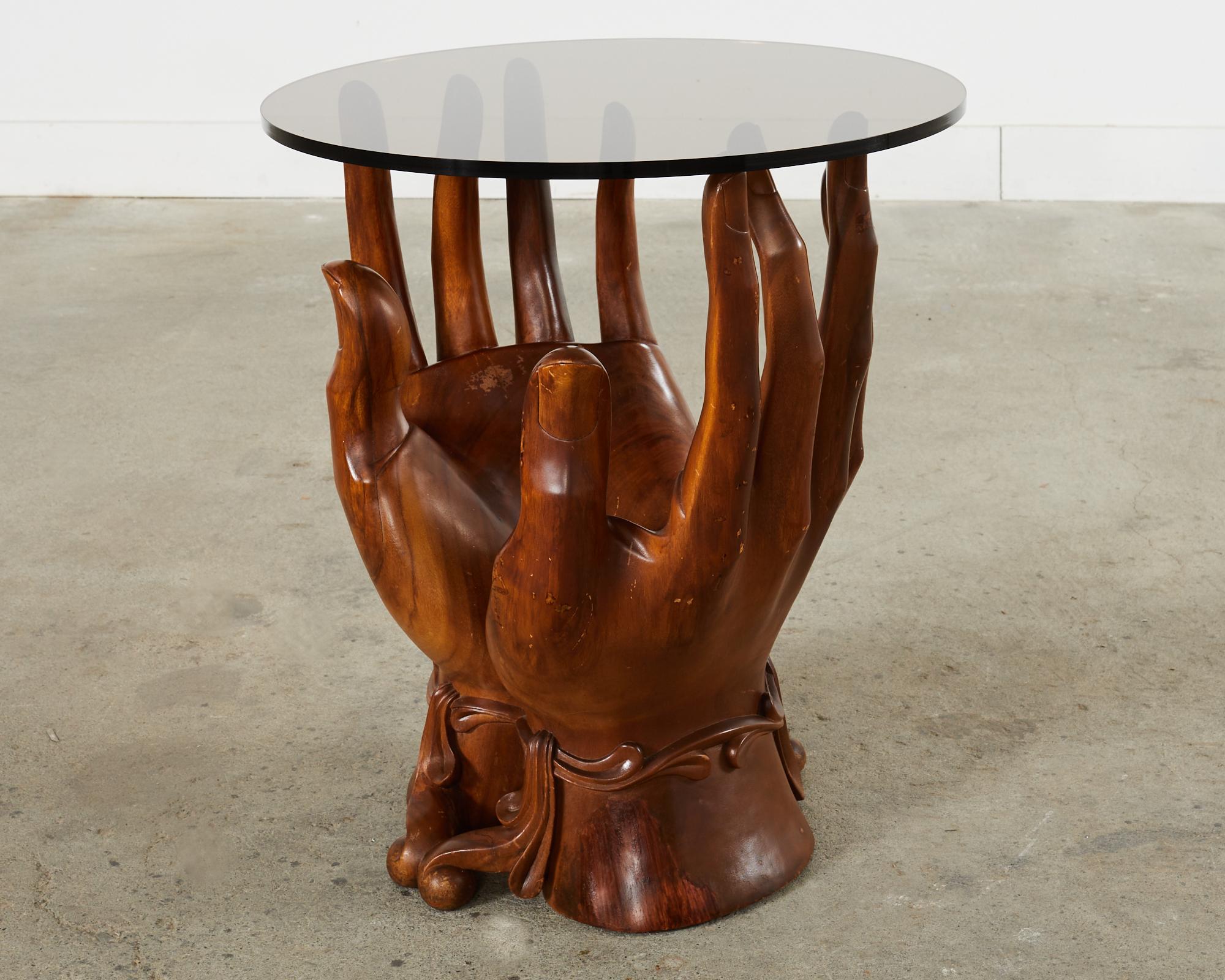 Pedro Friedeberg Style Two Hands Carved Walnut Drink Table In Distressed Condition For Sale In Rio Vista, CA