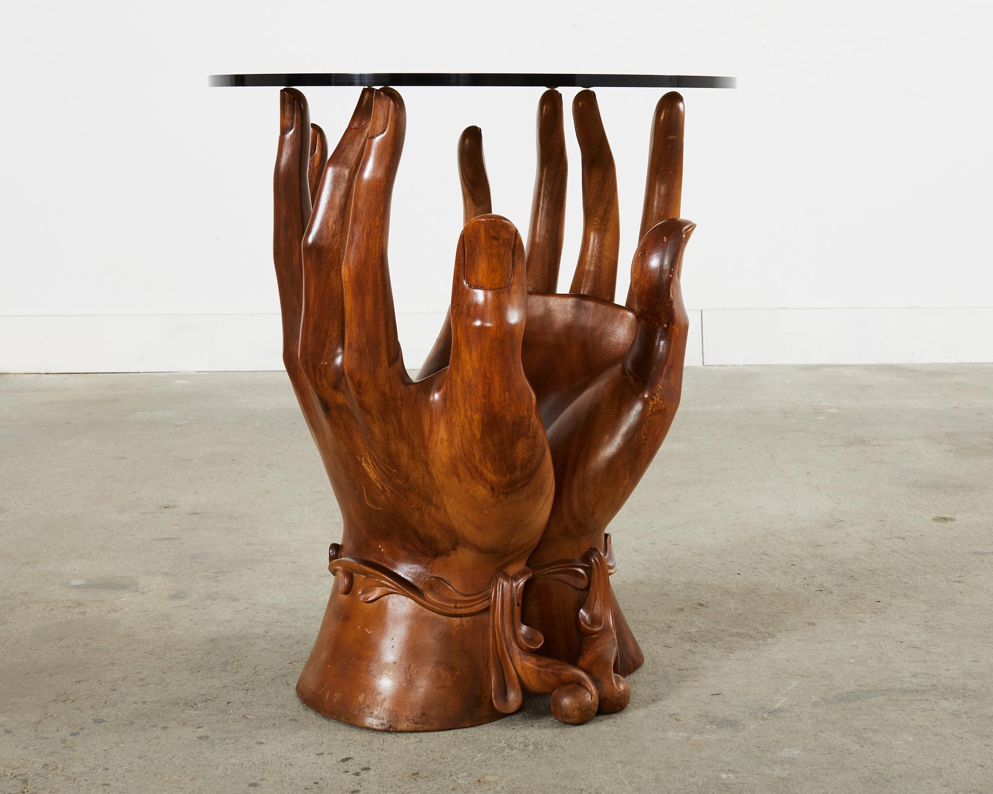 20th Century Pedro Friedeberg Style Two Hands Carved Walnut Drink Table For Sale