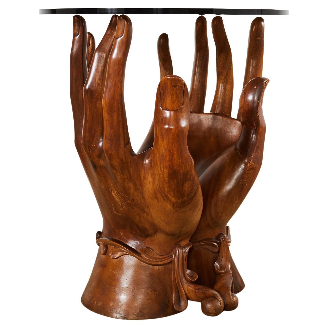 Pedro Friedeberg Style Two Hands Carved Walnut Drink Table For Sale