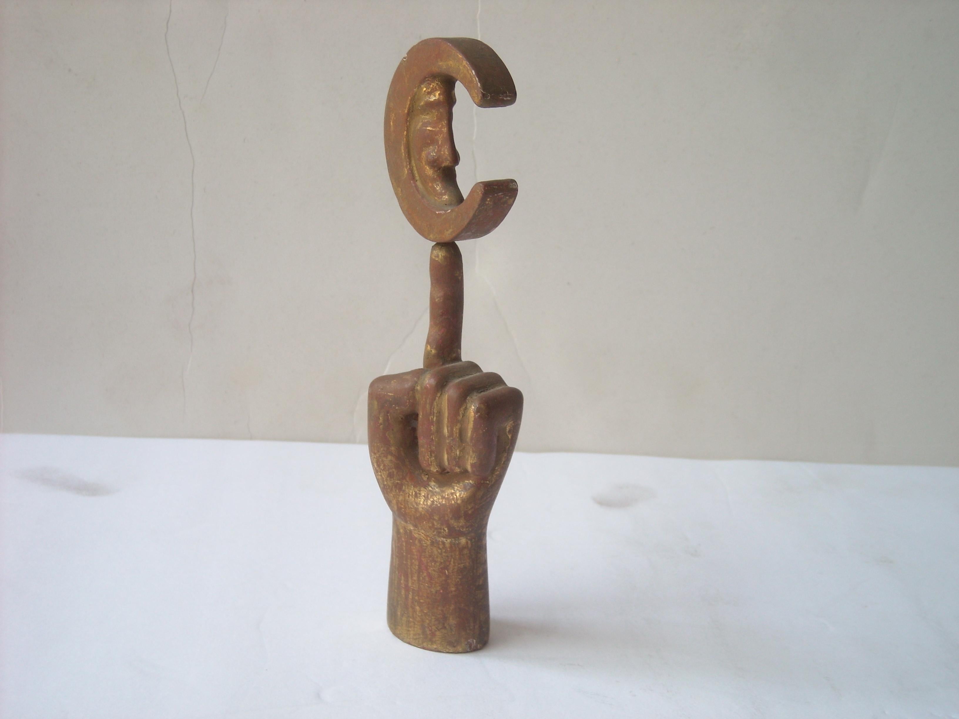 Modern Pedro Friedeberg Wood/Gold Leaf Sculpture, Fist and Moon, Signed