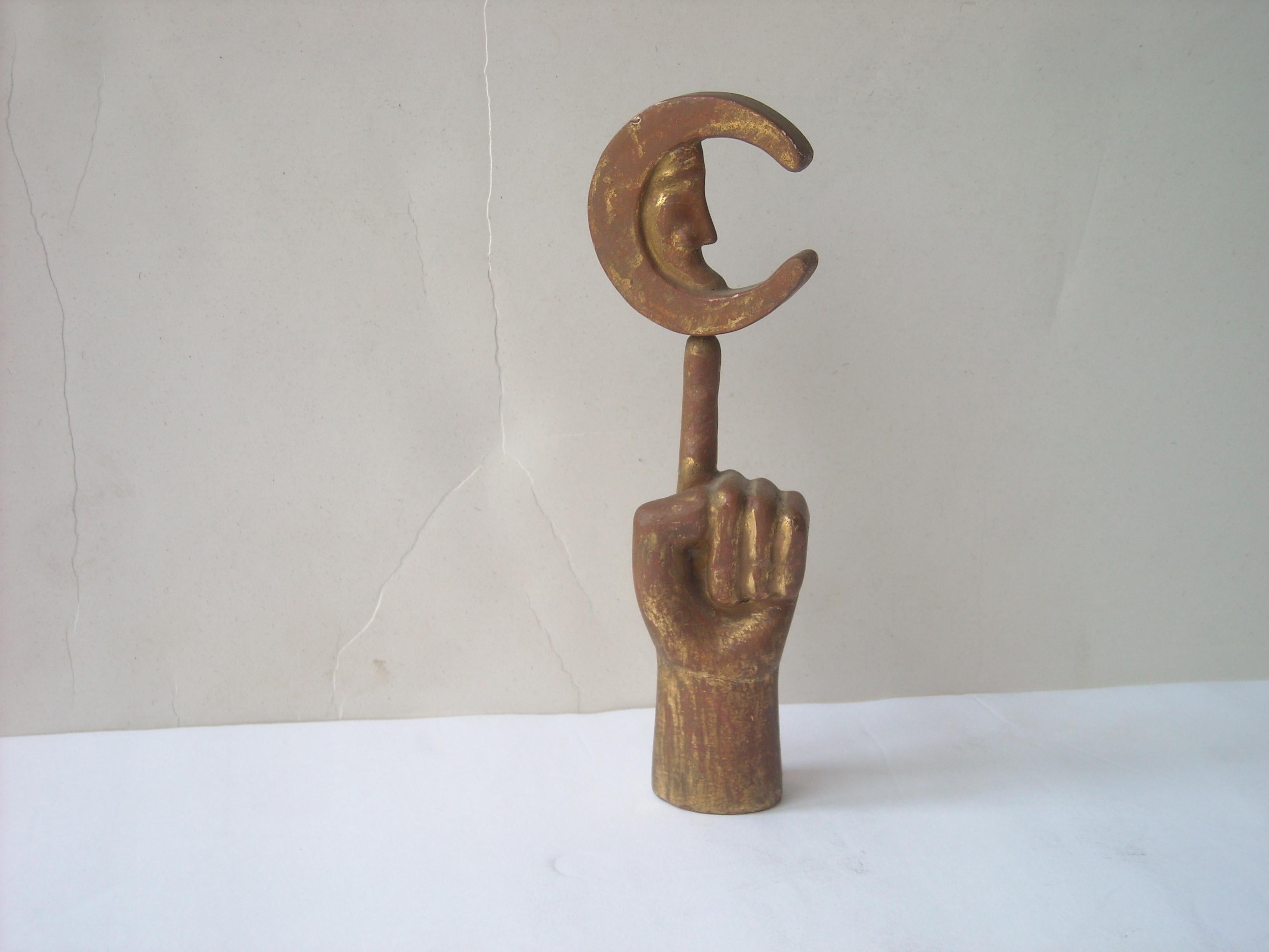 Mexican Pedro Friedeberg Wood/Gold Leaf Sculpture, Fist and Moon, Signed