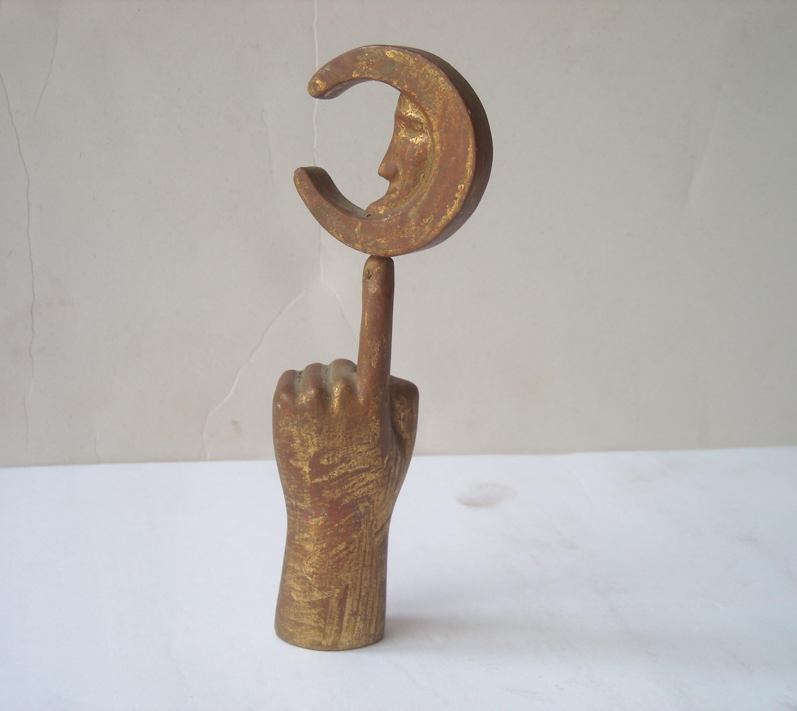 Hand-Crafted Pedro Friedeberg Wood/Gold Leaf Sculpture, Fist and Moon, Signed