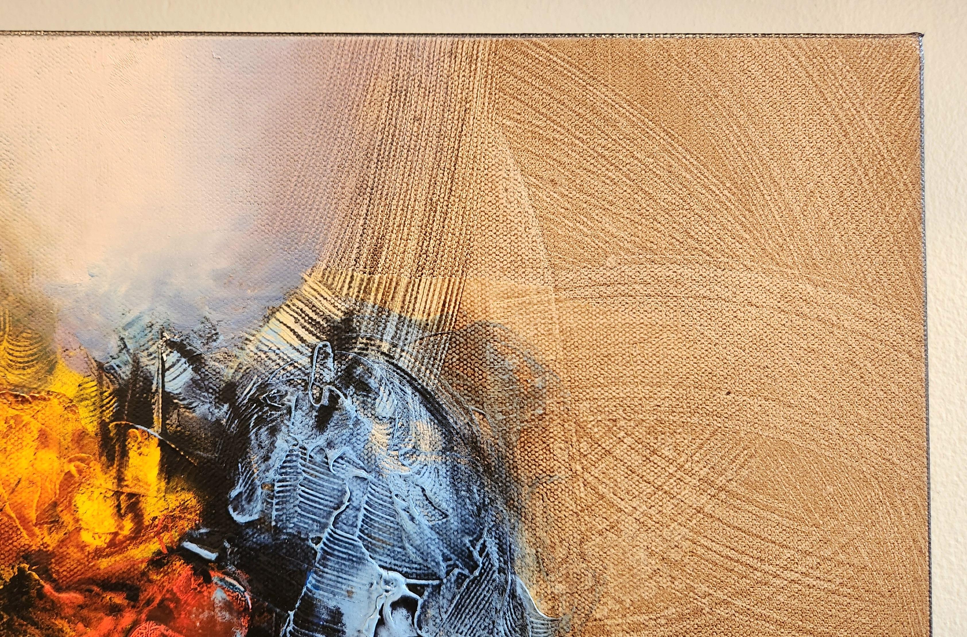 Questo splendido dipinto astratto crea la sensazione di un'esplosione di colori. Lo sfondo dell'opera è di un beige chiaro, su cui si trova un mix di rosso vivo, giallo intenso e azzurro, separati da aree di nero e macchie di bianco. Si ha la